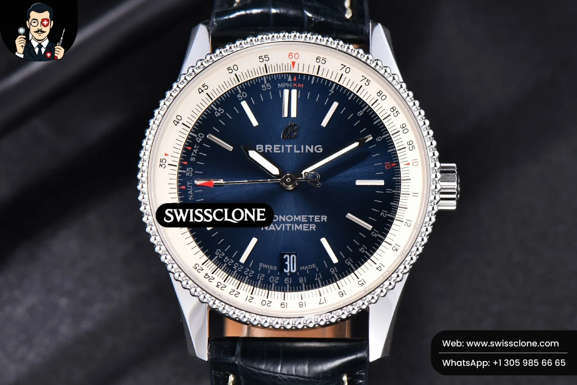 Breitling Navitimer TF 38mm Blue Dial White Bezel Blue Leather 1:1 Super Clone - Dial Macro Close-Up