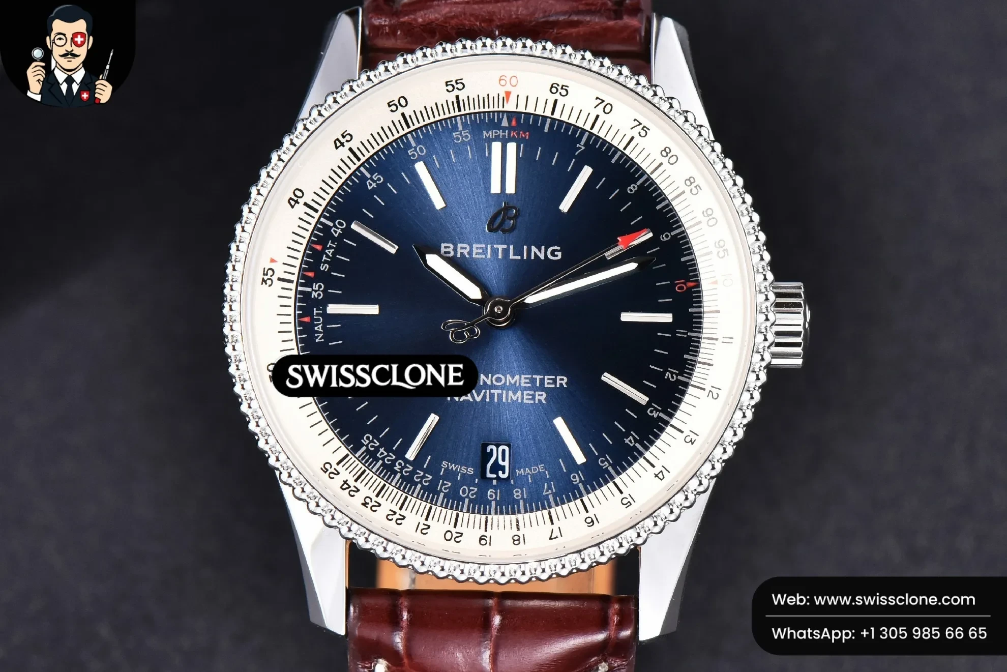 Navitimer TF 38mm Blue Dial White Bezel Brown Leather