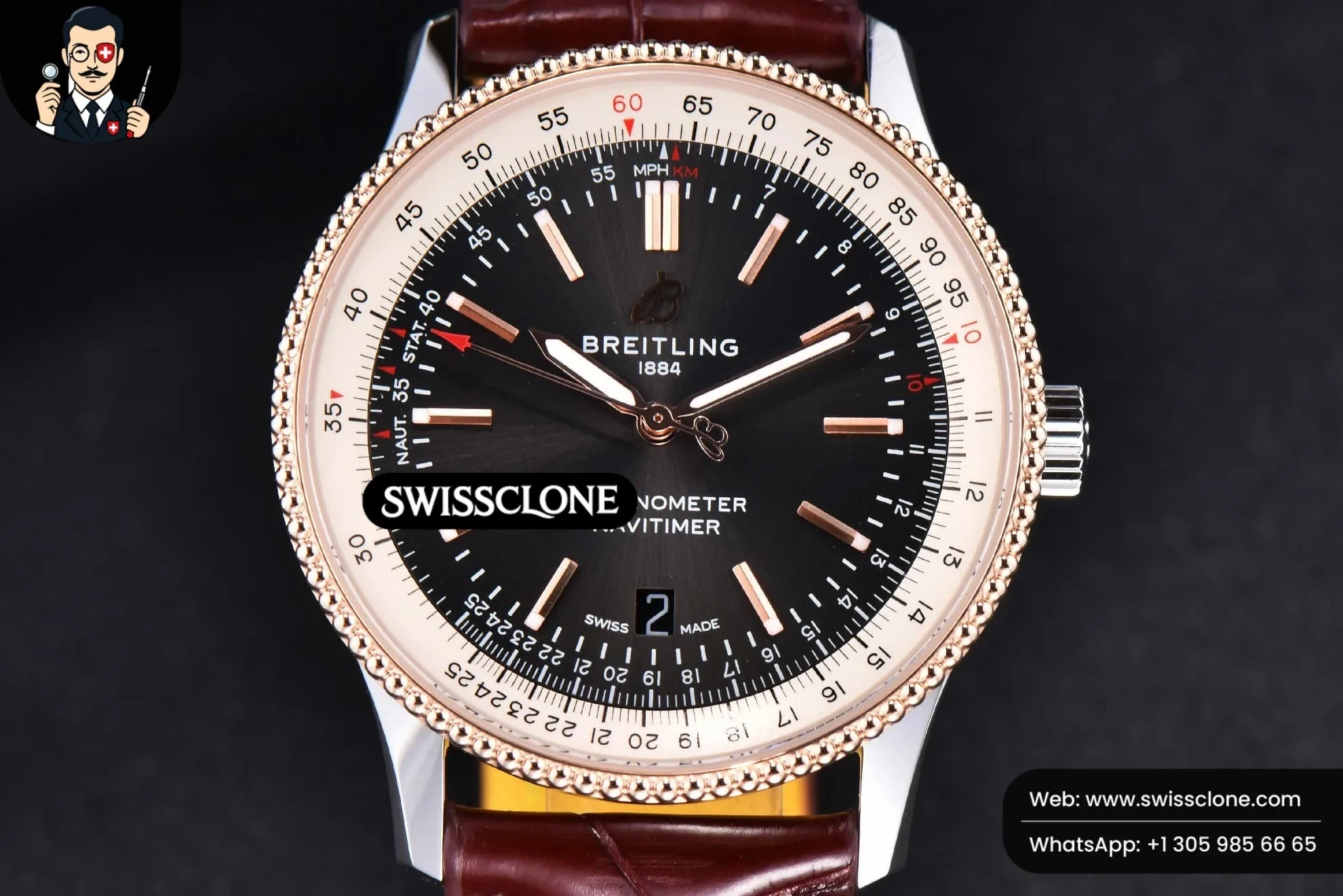 Breitling Navitimer TF 41mm Black Dial White Bezel Brown Leather 1:1 Super Clone - Dial Macro Close-Up
