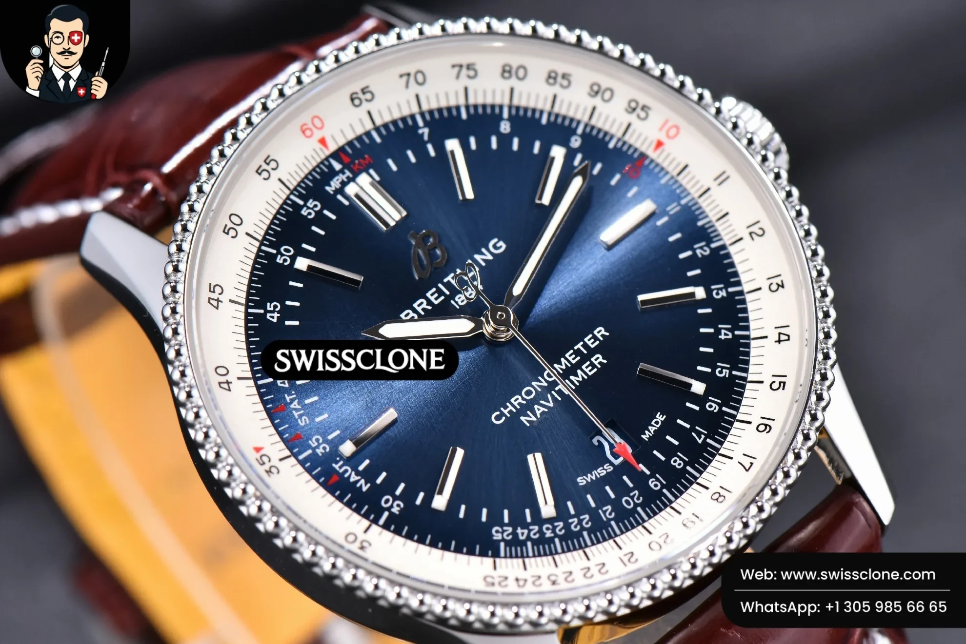 Breitling Navitimer TF 41mm Blue Dial White Bezel Brown Leather 1:1 Super Clone - On-Wrist Presence View