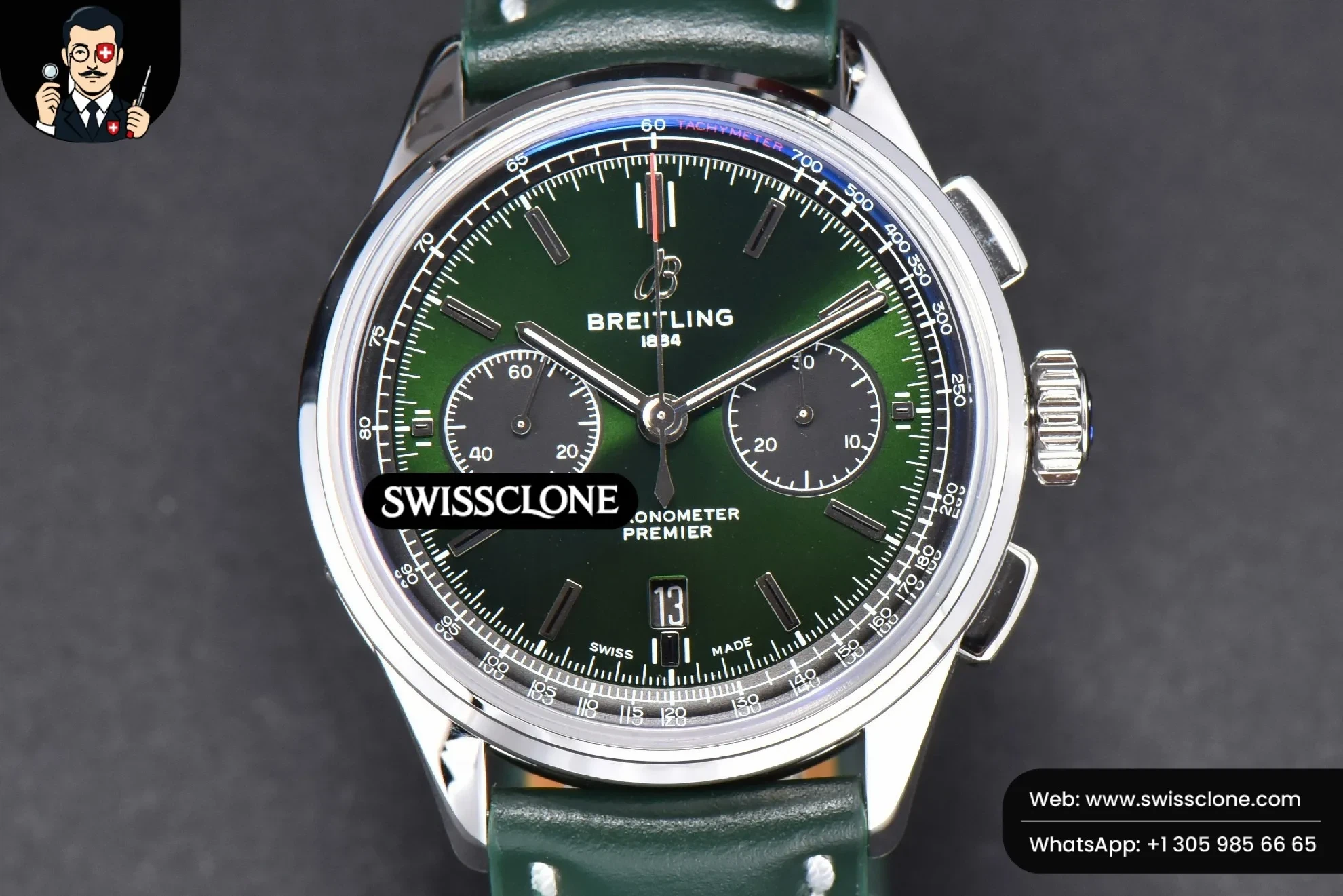 Breitling Premier B01 Chrono GF 42mm Green Dial Green Leather - 45-Degree Case Profile & Crown View | 1:1 Swiss Super Clone