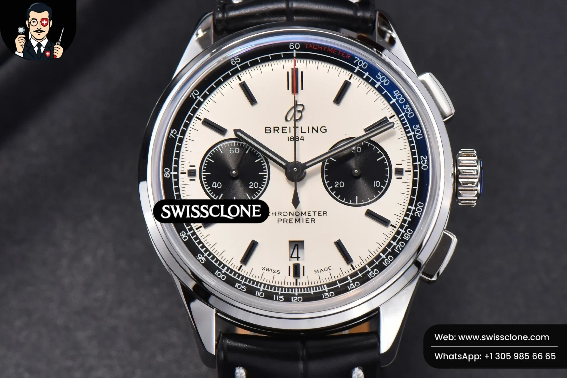 Breitling Premier B01 Chrono GF 42mm White Dial Black Subdial Black Leather - 45-Degree Case Profile & Crown View | 1:1 Swiss Super Clone