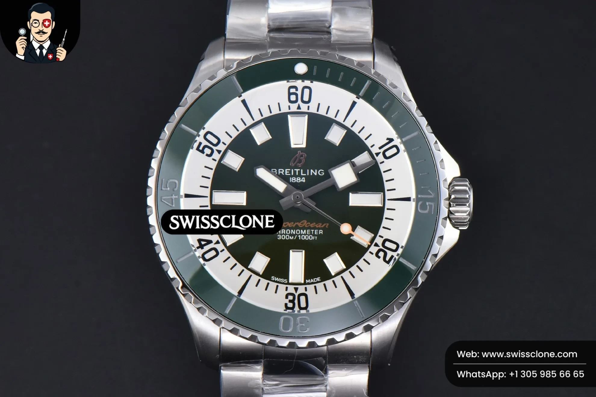 Breitling SuperOcean 44mm TF Green/White Dial - 45-Degree Case Profile & Crown View | 1:1 Swiss Super Clone