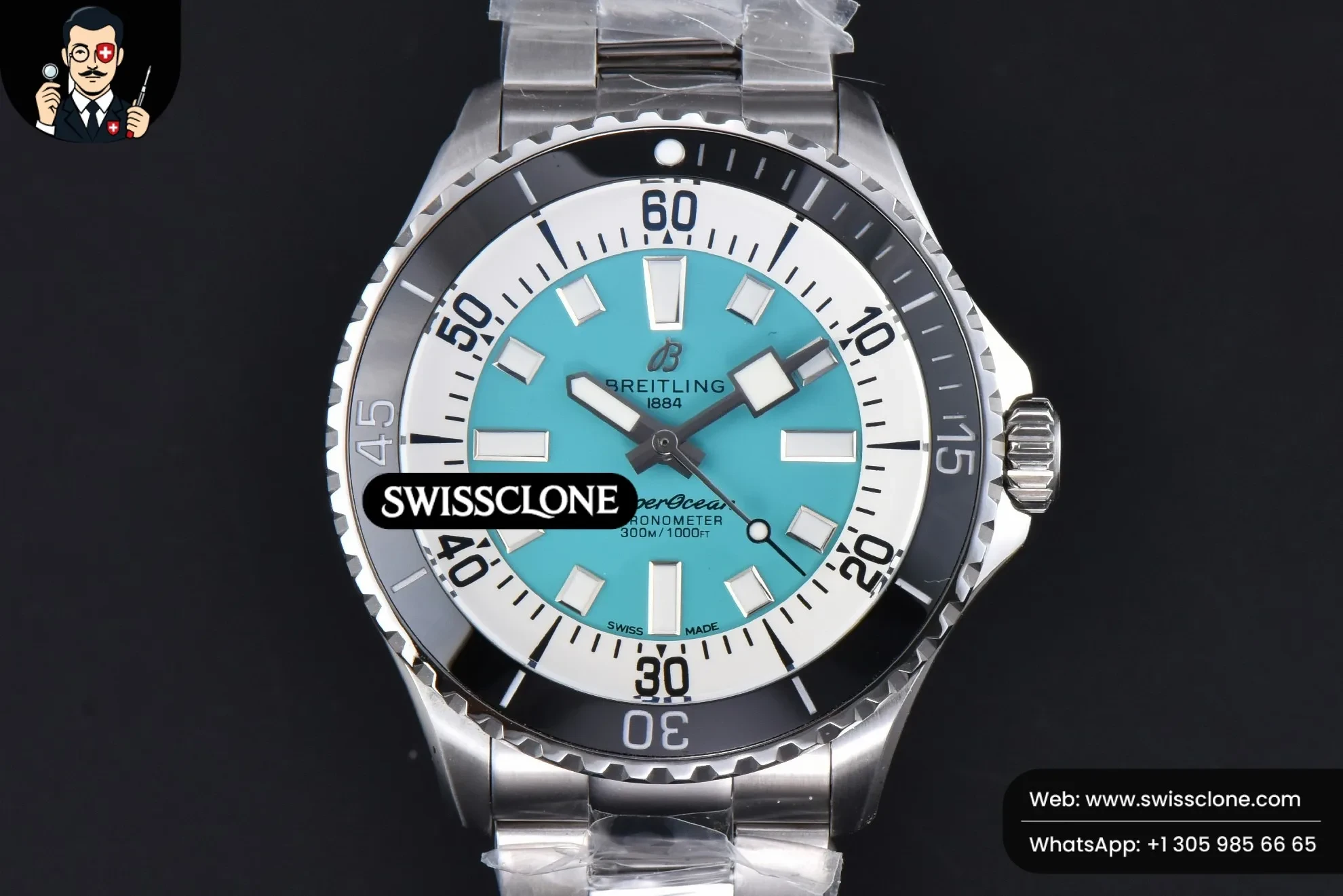 Breitling SuperOcean 44mm TF Tiffany Blue/White Dial - 45-Degree Case Profile & Crown View | 1:1 Swiss Super Clone
