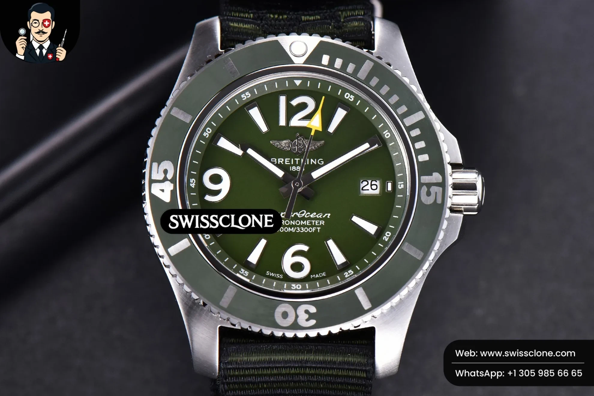 Breitling Superocean Automatic TF 44mm Green Dial Green Bezel Green Nylon - 45-Degree Case Profile & Crown View | 1:1 Swiss Super Clone
