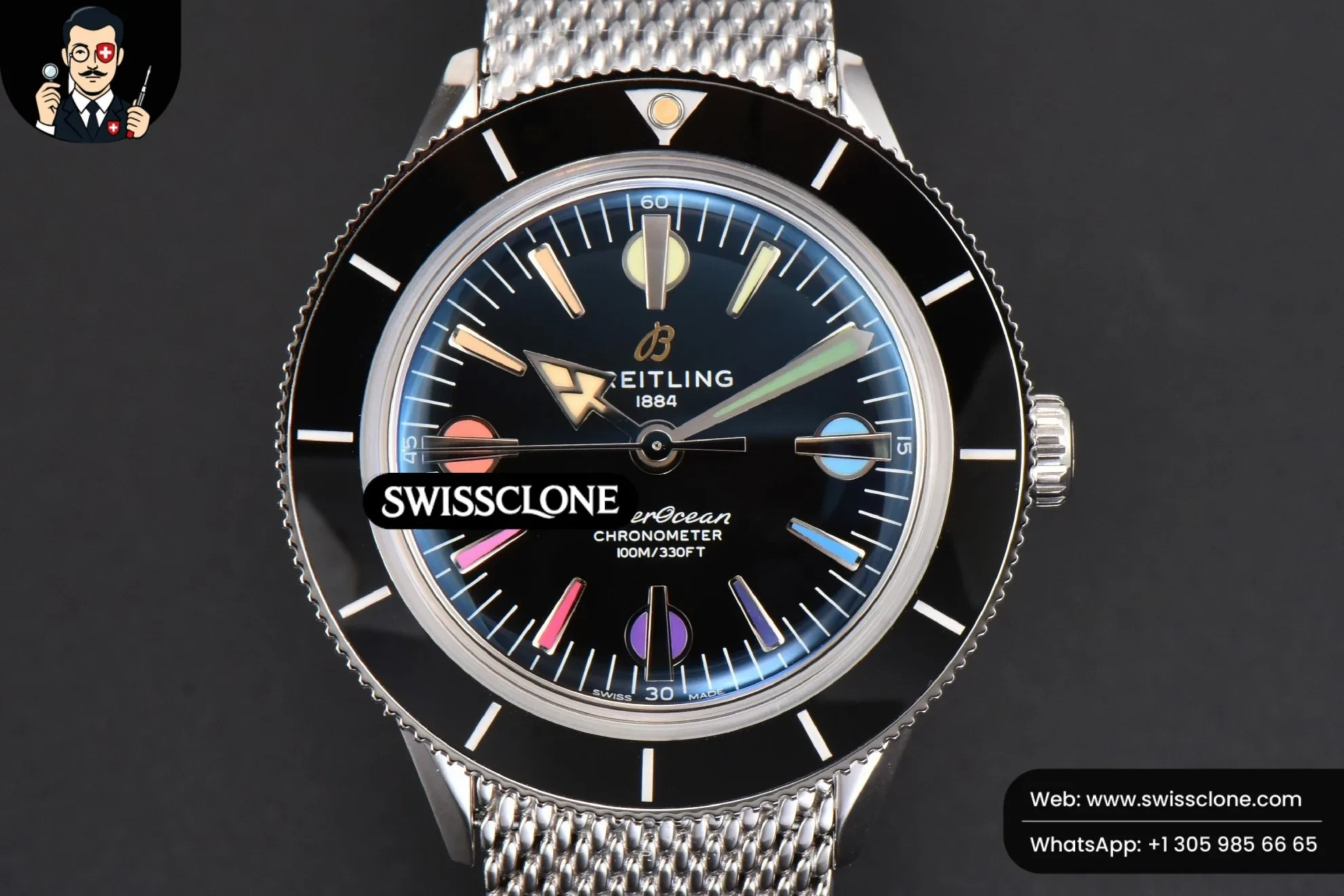 Breitling SuperOcean Heritage 42mm GF Black Ceramic Black Dial Rainbow Marker Mesh