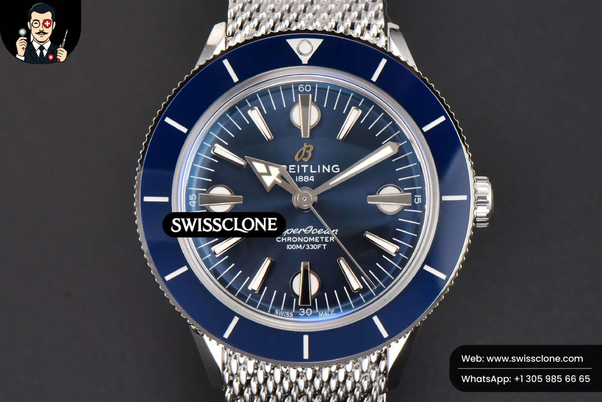 Breitling SuperOcean Heritage 42mm GF Blue Ceramic Blue Dial Mesh - 45-Degree Case Profile & Crown View | 1:1 Swiss Super Clone