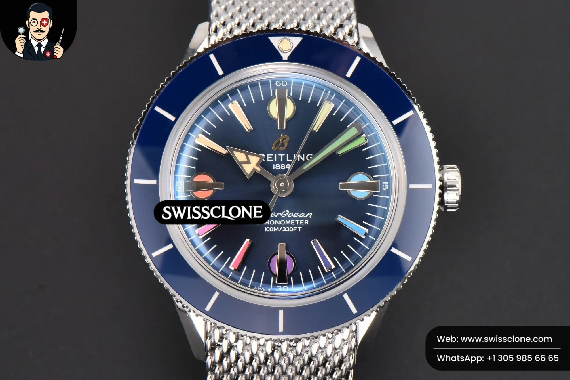 Breitling SuperOcean Heritage 42mm GF Blue Ceramic Blue Dial Rainbow Marker Mesh - 45-Degree Case Profile & Crown View | 1:1 Swiss Super Clone