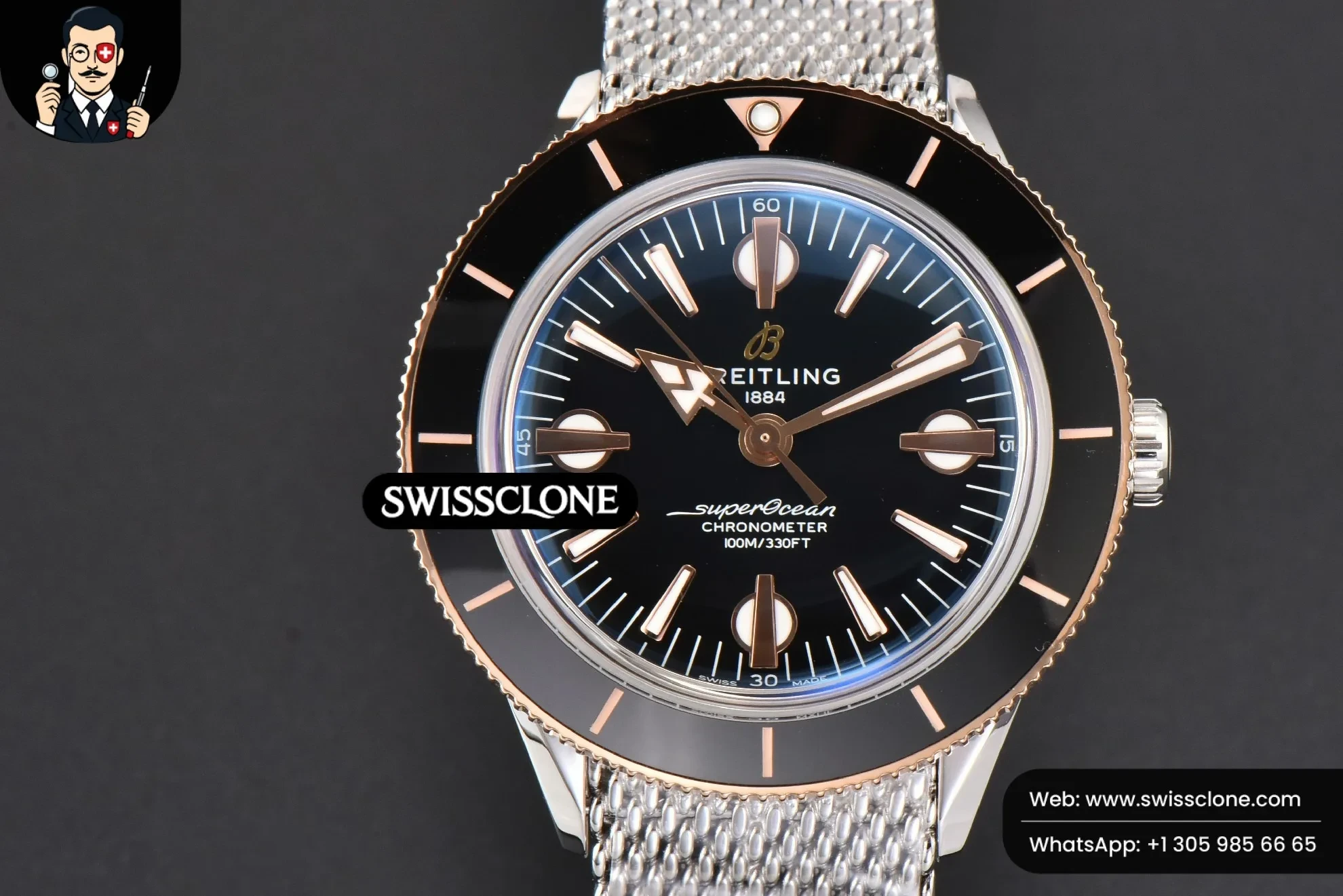Breitling SuperOcean Heritage 42mm RG/SS GF Black Ceramic Black Dial Mesh - 45-Degree Case Profile & Crown View | 1:1 Swiss Super Clone