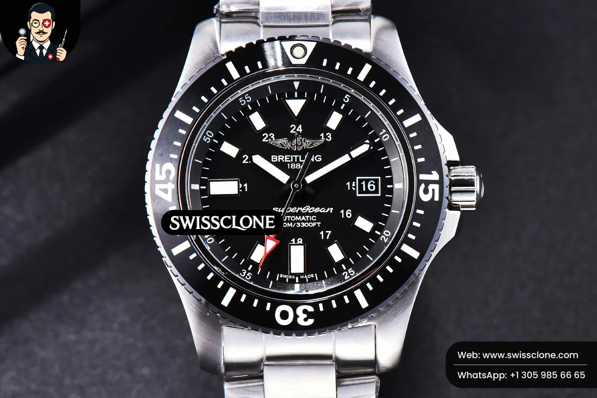Breitling Superocean TF 44mm Black Ceramic Black Dial Stick Marker - 45-Degree Case Profile & Crown View | 1:1 Swiss Super Clone