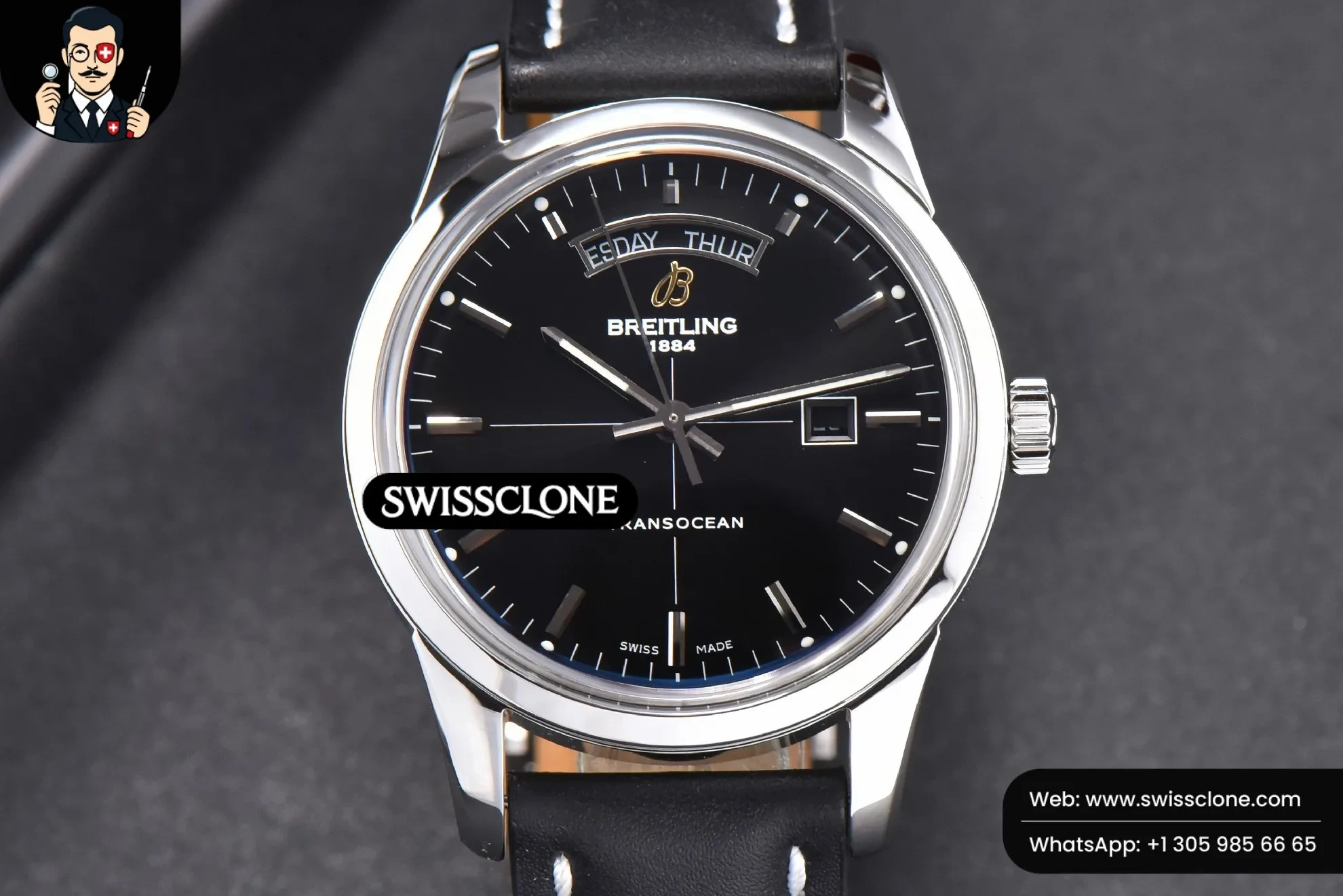 Breitling Transocean Day & Date V7F 43mm Black Dial Black Leather CA145 1:1 Super Clone - Dial Macro & Hands Close-Up