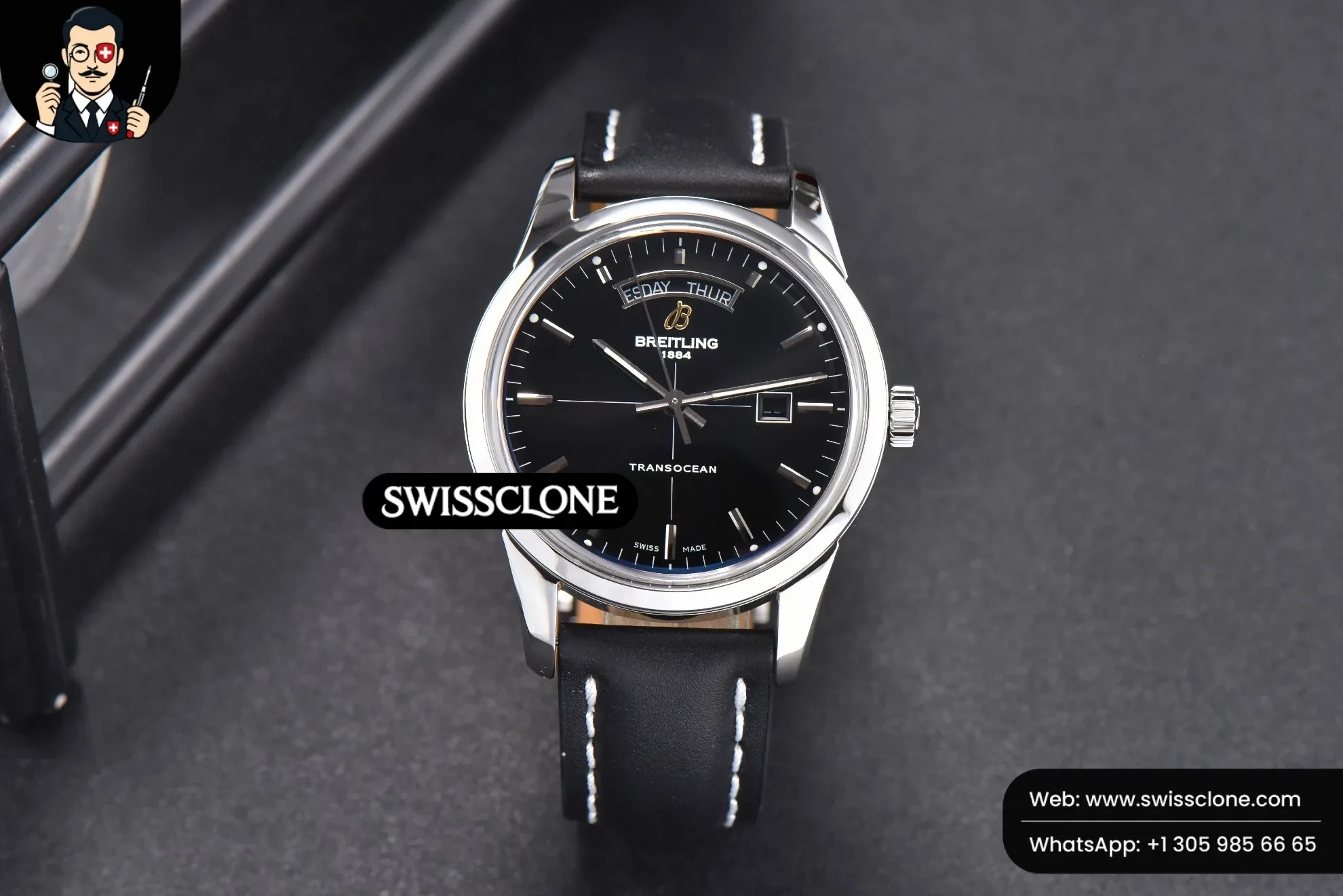 Breitling Transocean Day & Date V7F 43mm Black Dial Black Leather CA145