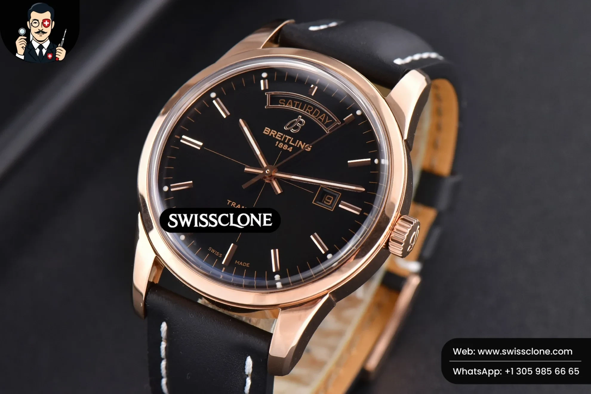 Breitling Transocean Day & Date V7F 43mm Black Dial Black Leather CA145 1:1 Super Clone - Bezel & Case Profile