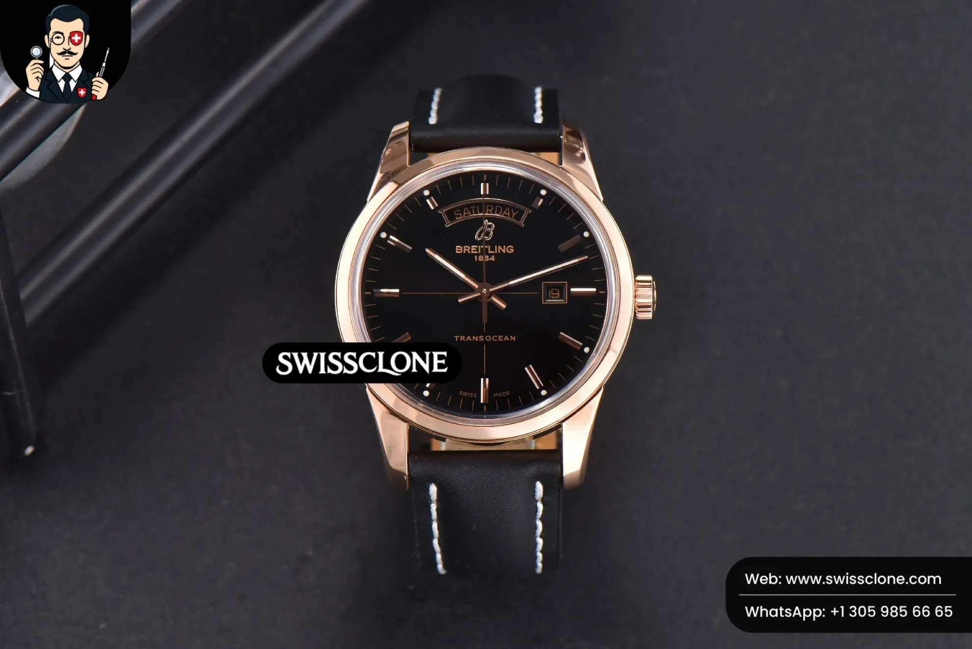 Transocean Day & Date V7F 43mm Black Dial Black Leather CA145