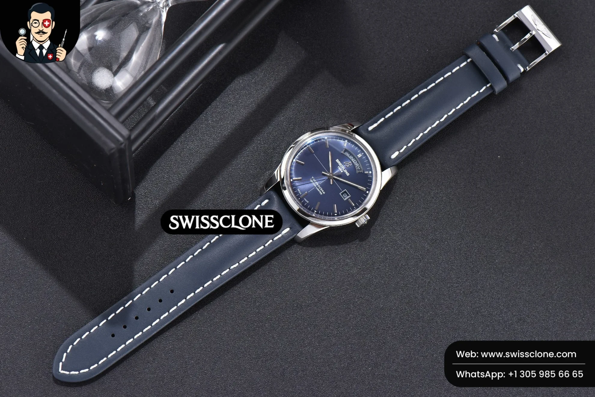 Breitling Transocean Day & Date V7F 43mm Blue Dial Black Leather CA145 1:1 Super Clone - Bezel & Case Profile