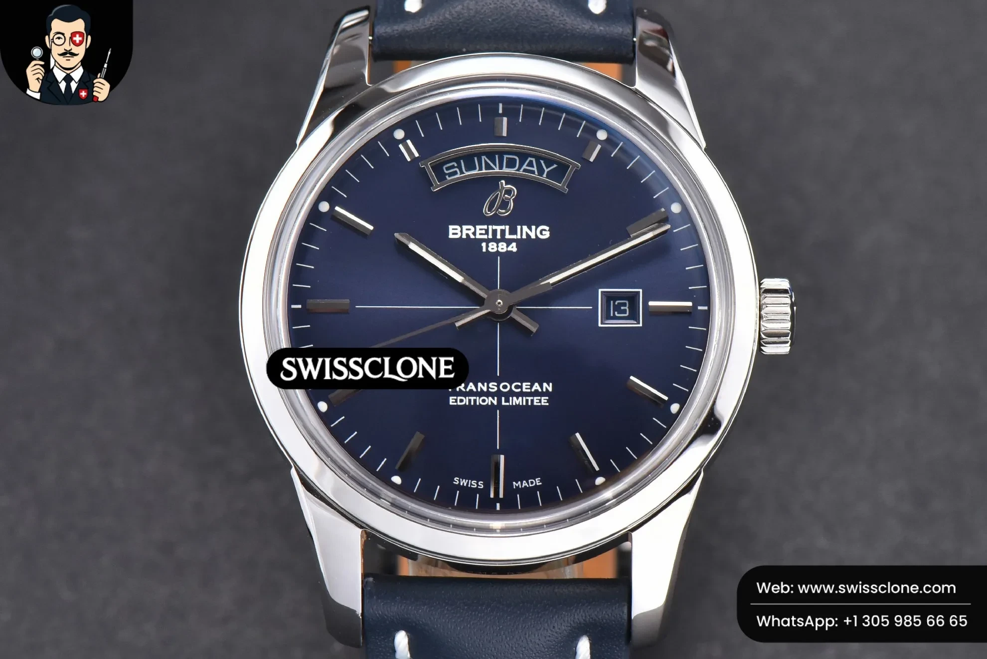 Breitling Transocean Day & Date V7F 43mm Blue Dial Black Leather CA145 1:1 Super Clone - Dial Macro Close-Up