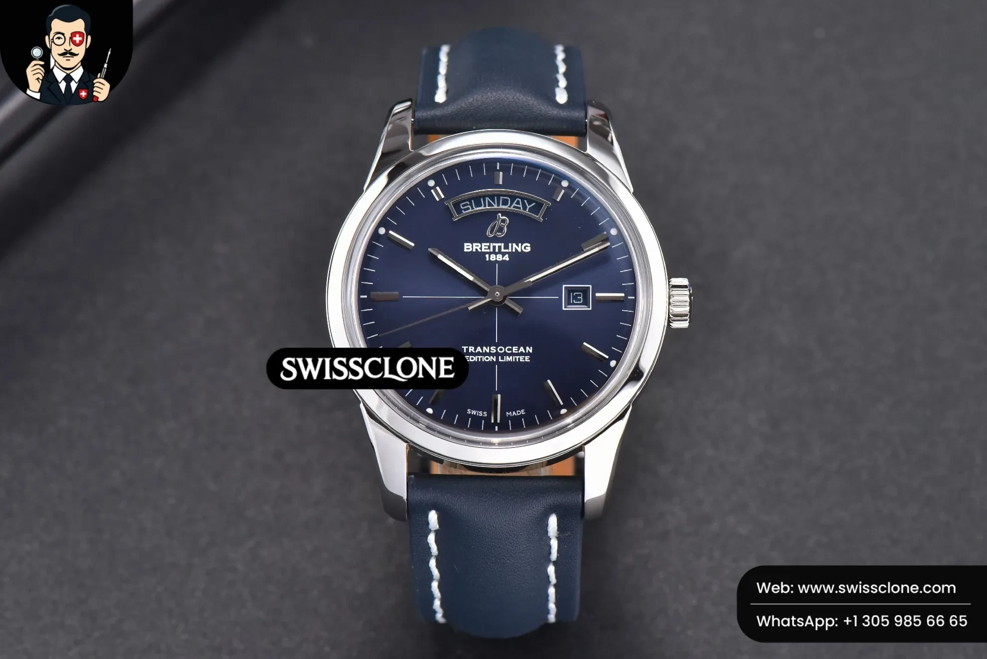 Transocean Day & Date V7F 43mm Blue Dial Black Leather CA145