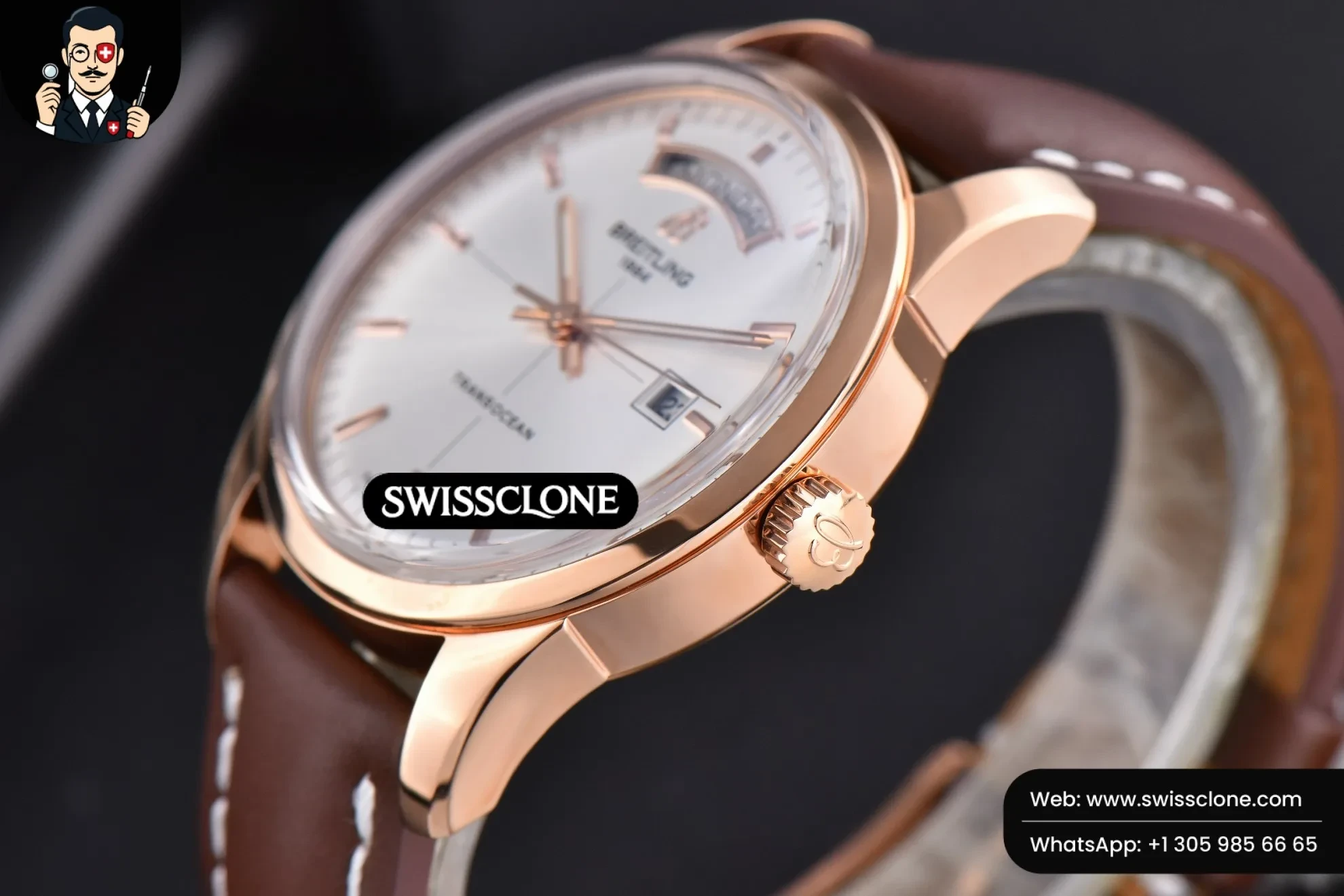 Breitling Transocean Day & Date V7F 43mm Silver Dial Brown Leather CA145 1:1 Super Clone - Crown Guard & Case Thickness Profile