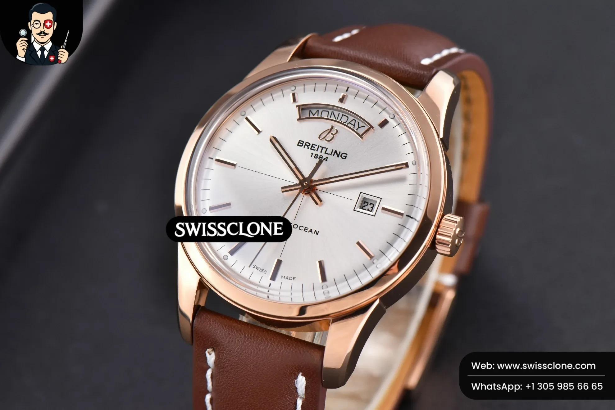 Breitling Transocean Day & Date V7F 43mm Silver Dial Brown Leather CA145 1:1 Super Clone - Bezel & Lateral Case Profile