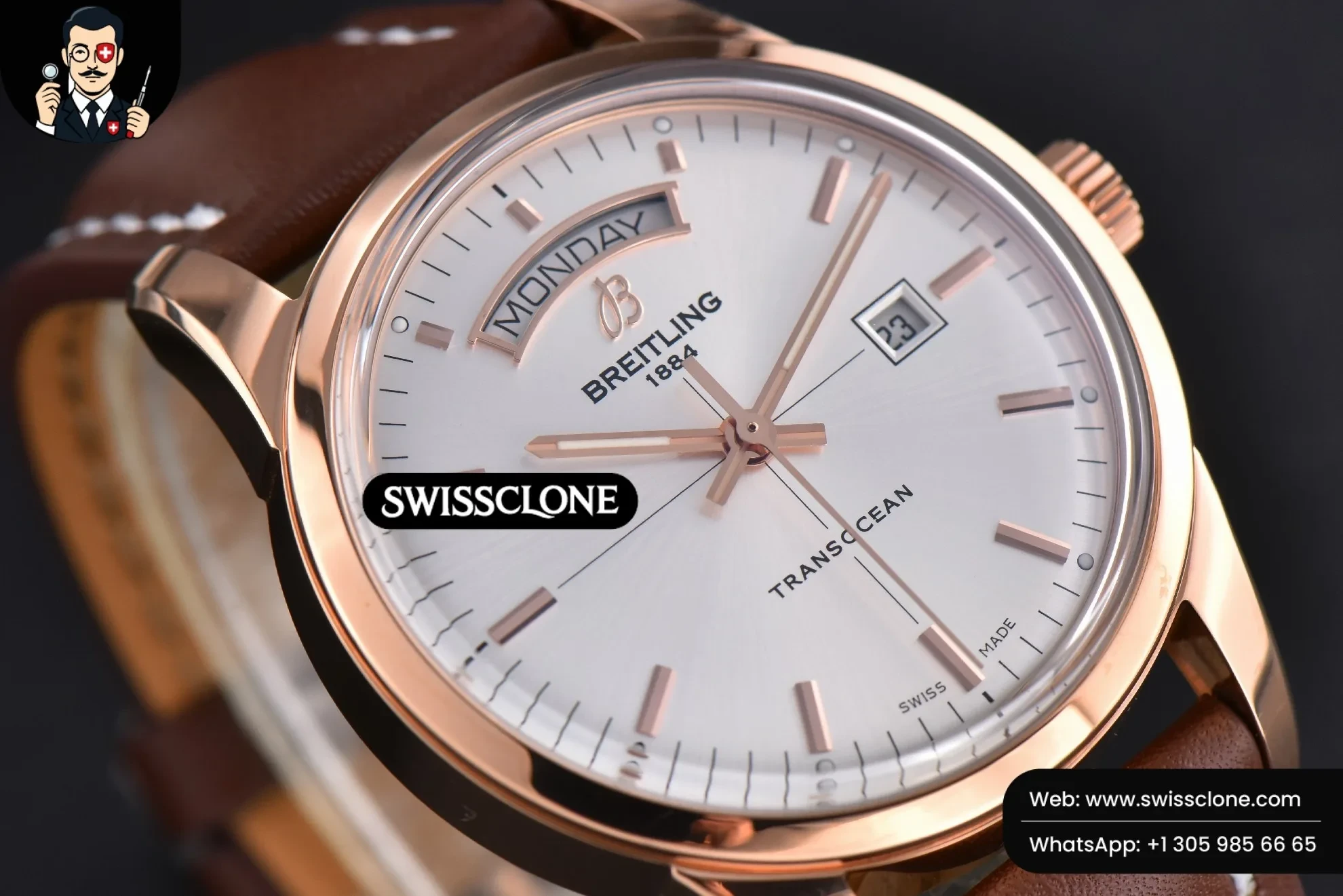 Breitling Transocean Day & Date V7F 43mm Silver Dial Brown Leather CA145 1:1 Super Clone - Caseback & Cloned Calibre Movement (Img 23455)