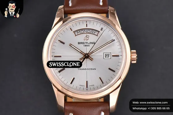 Breitling Transocean Day & Date V7F 43mm Silver Dial Brown Leather CA145 1:1 Super Clone - Dial Macro & Hands Close-Up