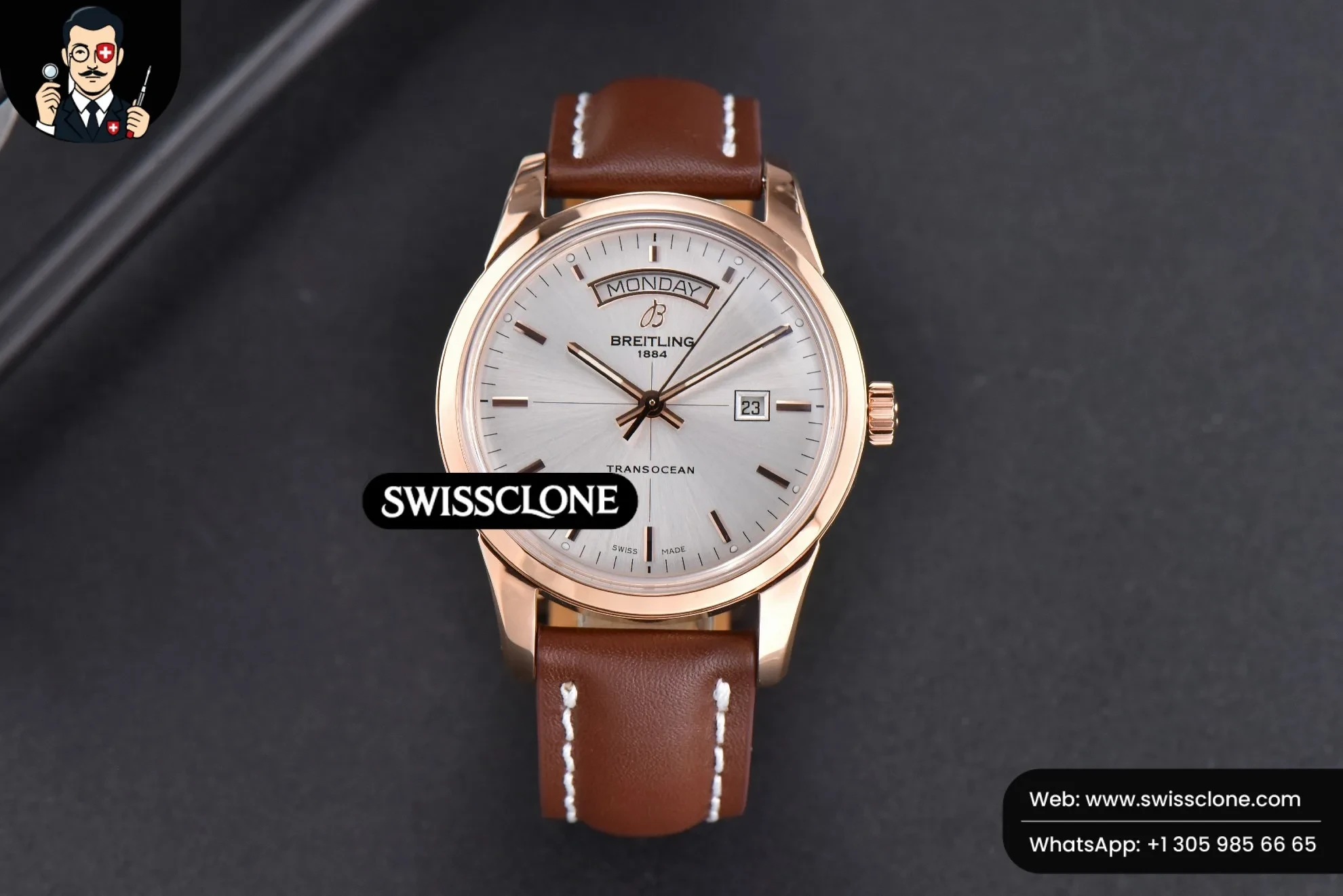 Breitling Transocean Day & Date V7F 43mm Silver Dial Brown Leather CA145