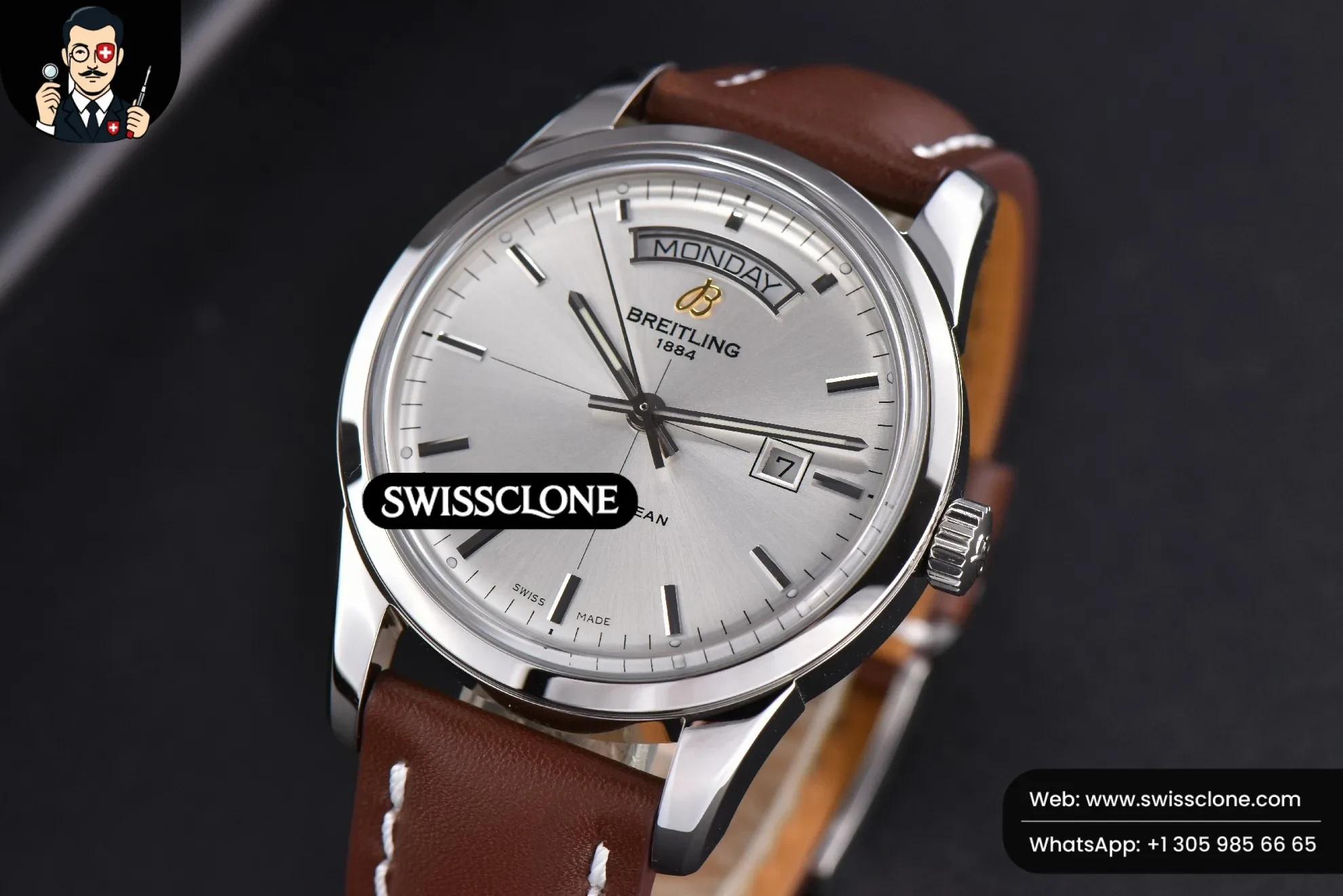 Breitling Transocean Day & Date V7F 43mm Silver Dial Brown Leather CA145 1:1 Super Clone - Clasp & Bracelet Finishing