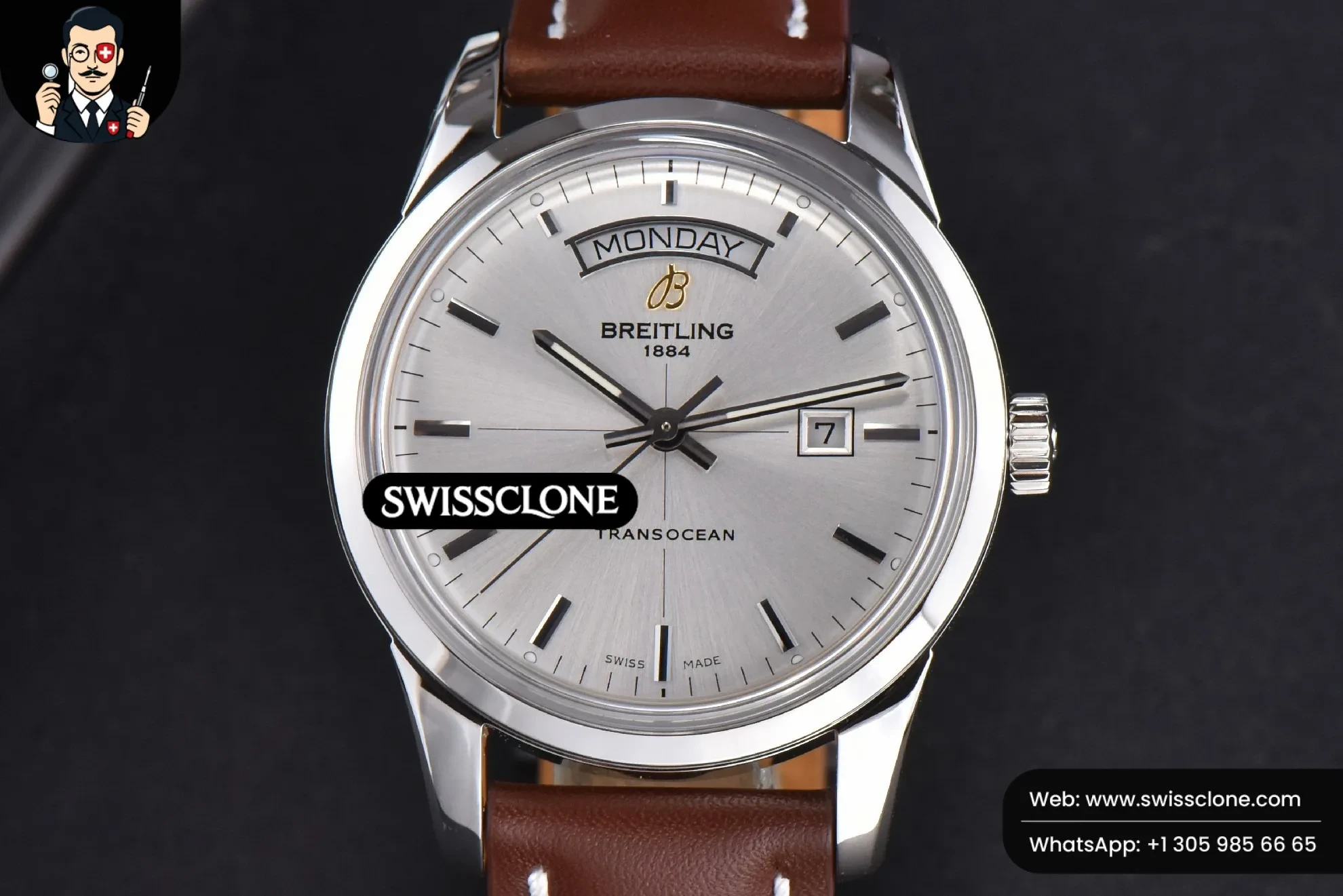 Breitling Transocean Day & Date V7F 43mm Silver Dial Brown Leather CA145 1:1 Super Clone - Dial Macro Close-Up