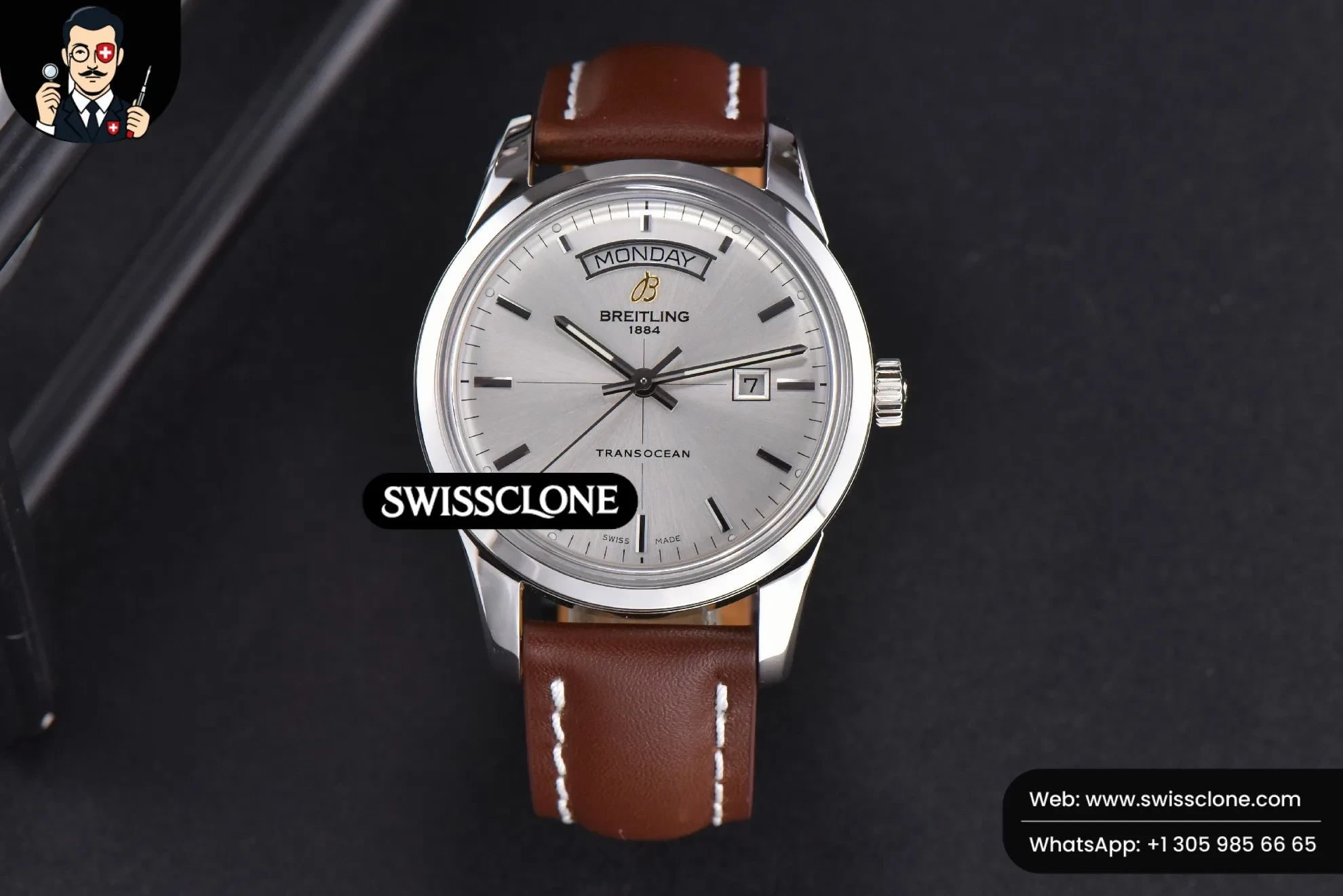 Transocean Day & Date V7F 43mm Silver Dial Brown Leather CA145
