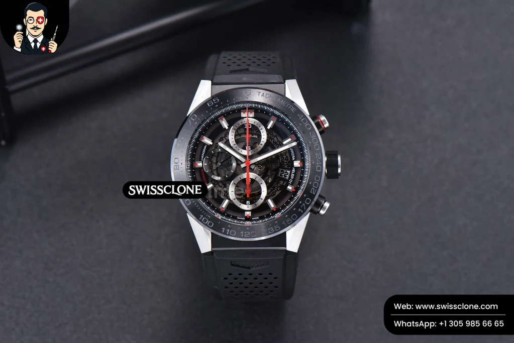 Calibre Heuer 01 Chrono XF 45MM PVD Skeleton Black Dial Red Hand Black Rubber Strap A1887