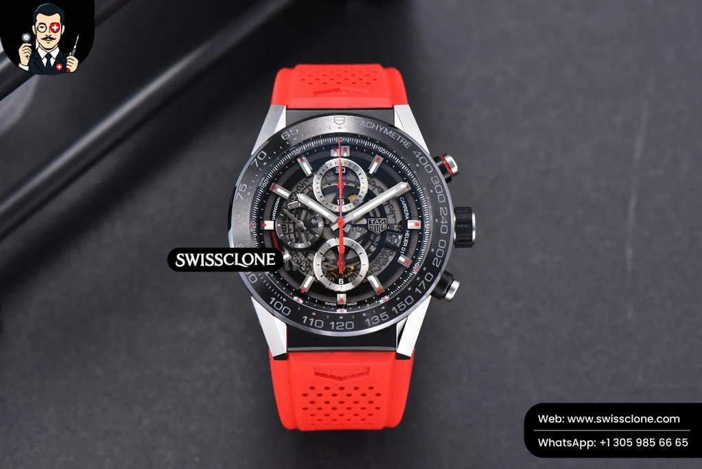 Calibre Heuer 01 Chrono XF 45MM Skeleton Dial Red Hand Red Rubber Strap A1887