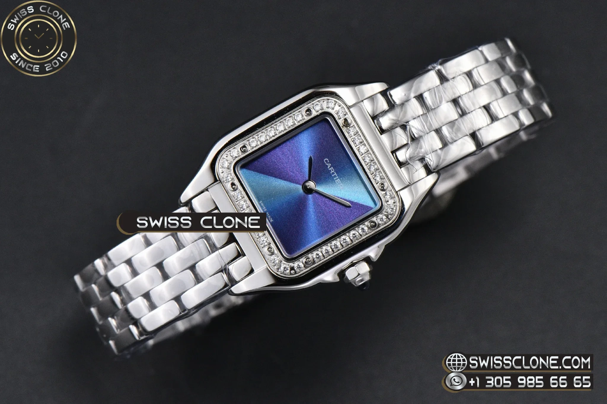 Cartier Panthère Secrete Ladies 22mm Diamond Bezel Blue Dial on Ronda Quartz 1:1 Super Clone  - Dial Macro Close-Up