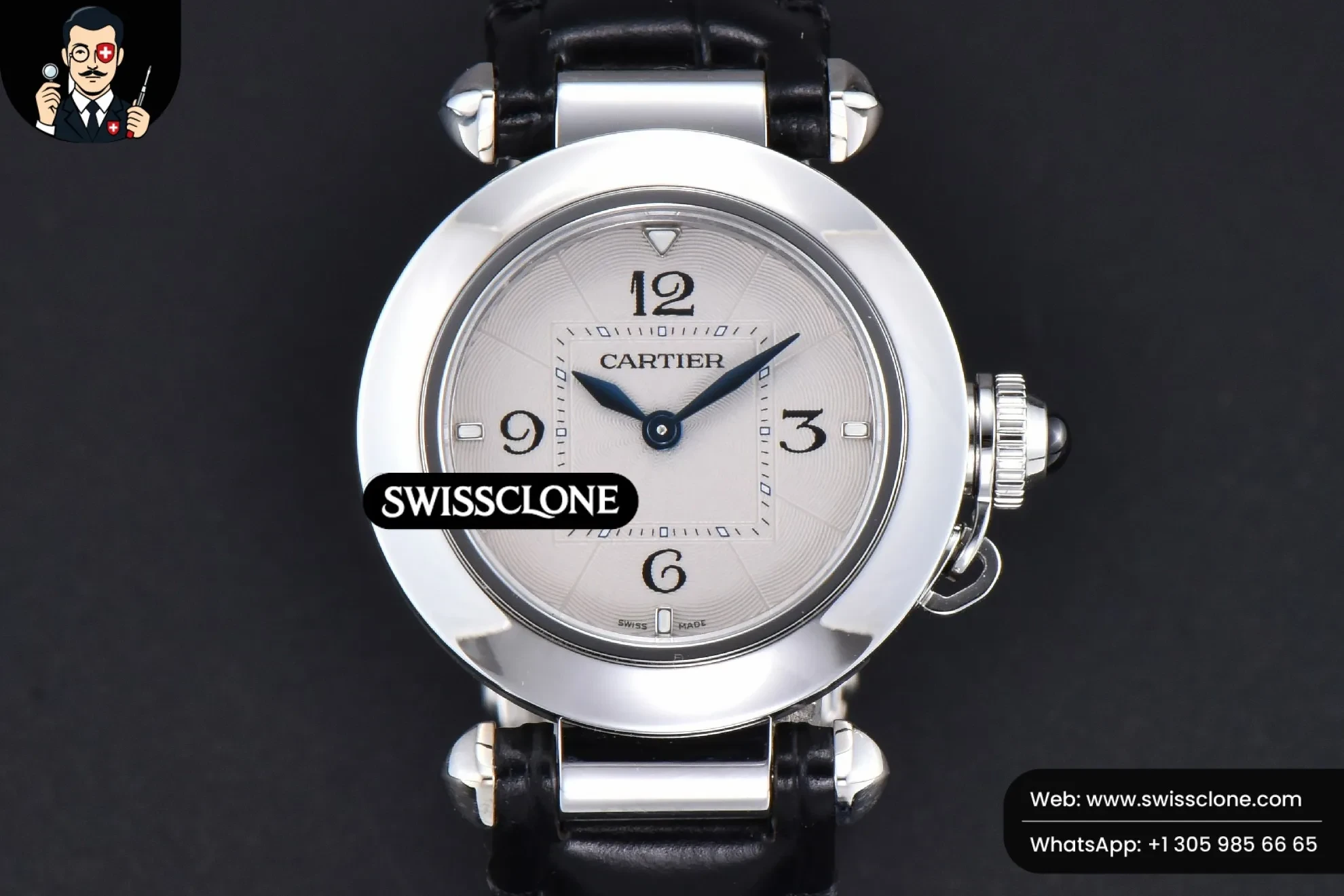Cartier Pasha Ladies AF 30mm White Dial Black Leather Jap Quartz
