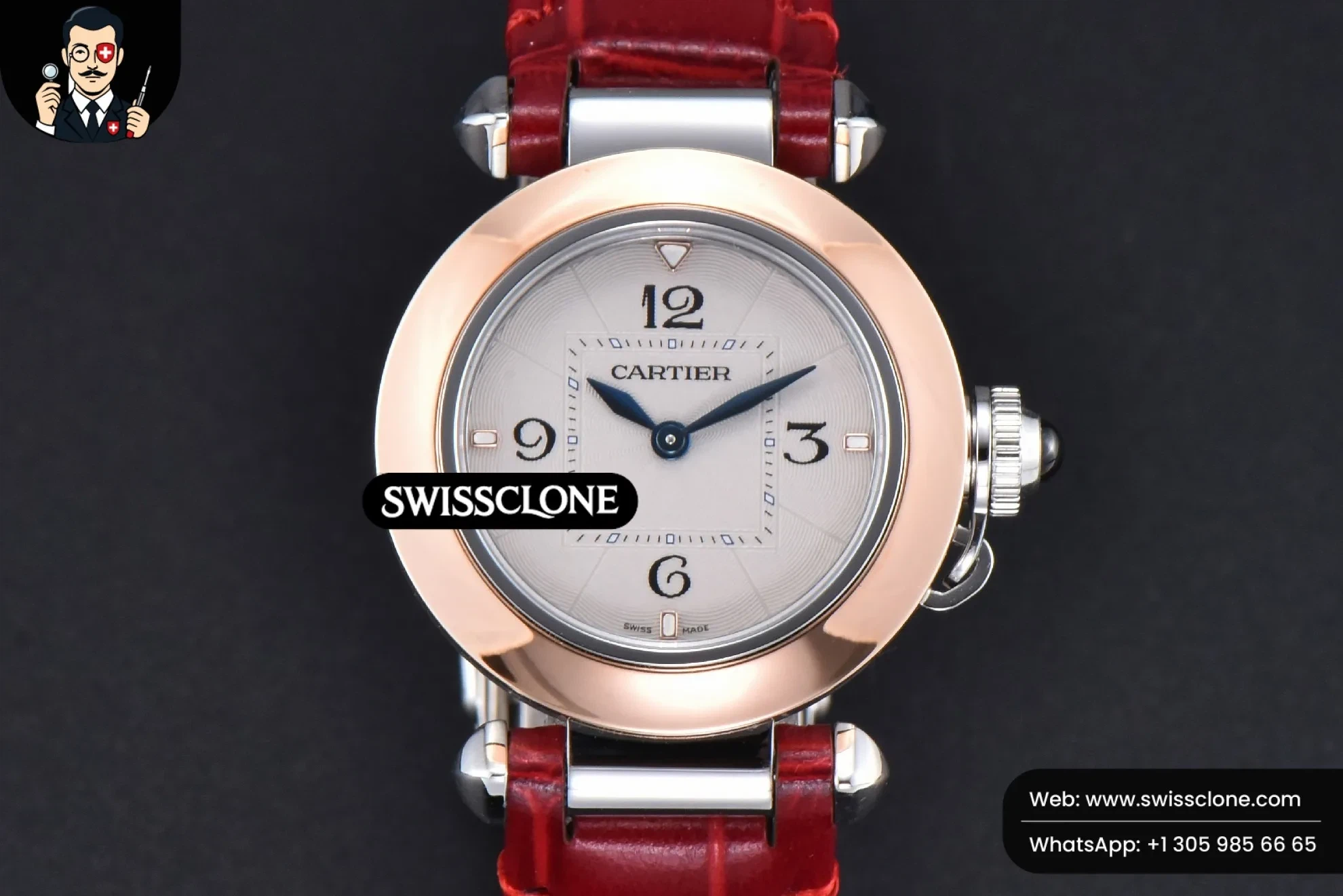 Cartier Pasha Ladies AF 30mm White Dial Red Leather Jap Quartz - 45-Degree Case Profile & Crown View | 1:1 Swiss Super Clone