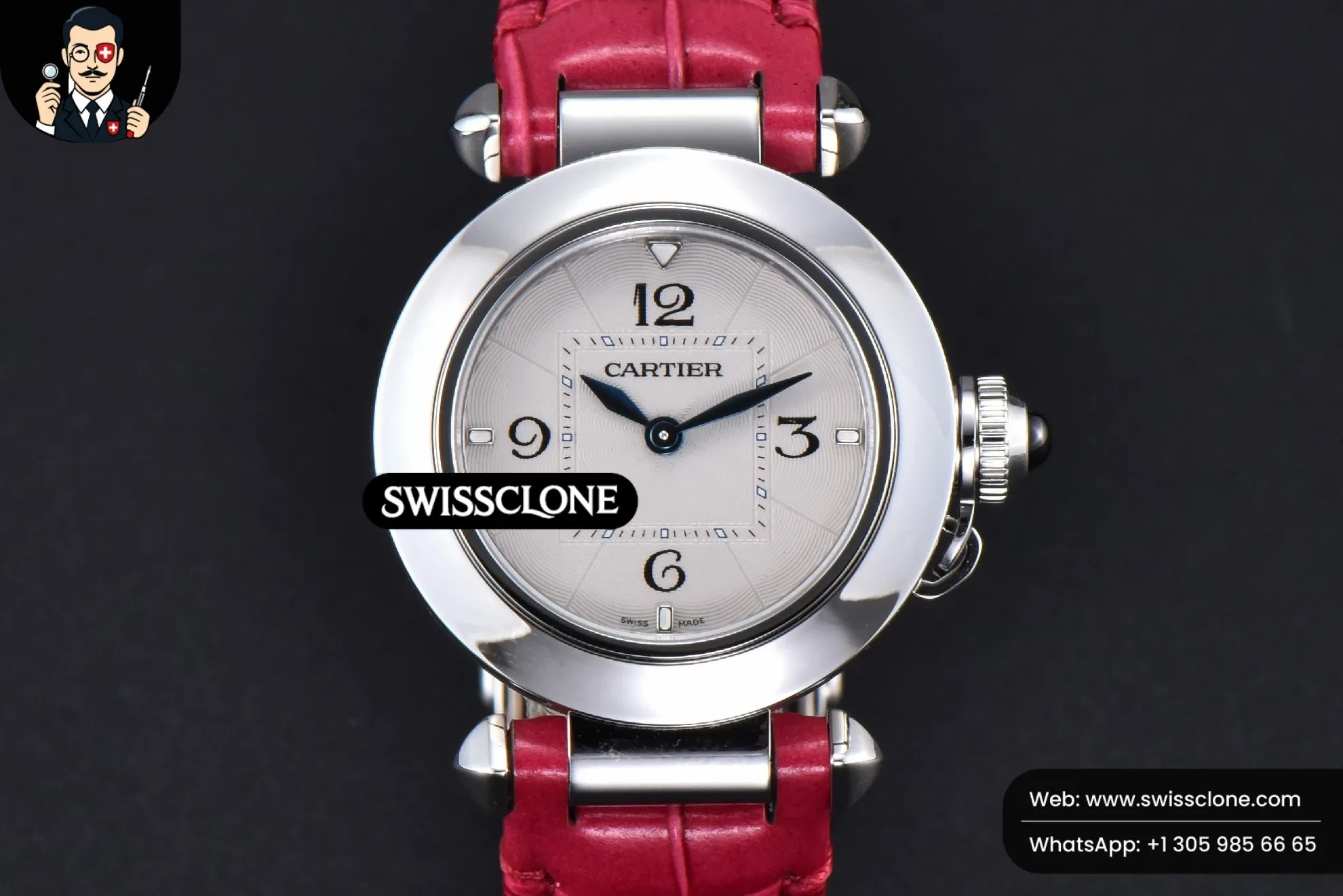 Cartier Pasha Ladies AF 30mm White Dial Rose Red Leather Jap Quartz - 45-Degree Case Profile & Crown View | 1:1 Swiss Super Clone
