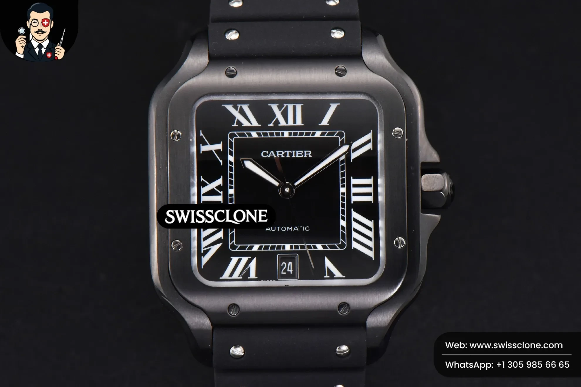 Cartier Santos Large 40mm PVD GF Black Dial Black Rubber 9015 - 45-Degree Case Profile & Crown View | 1:1 Swiss Super Clone