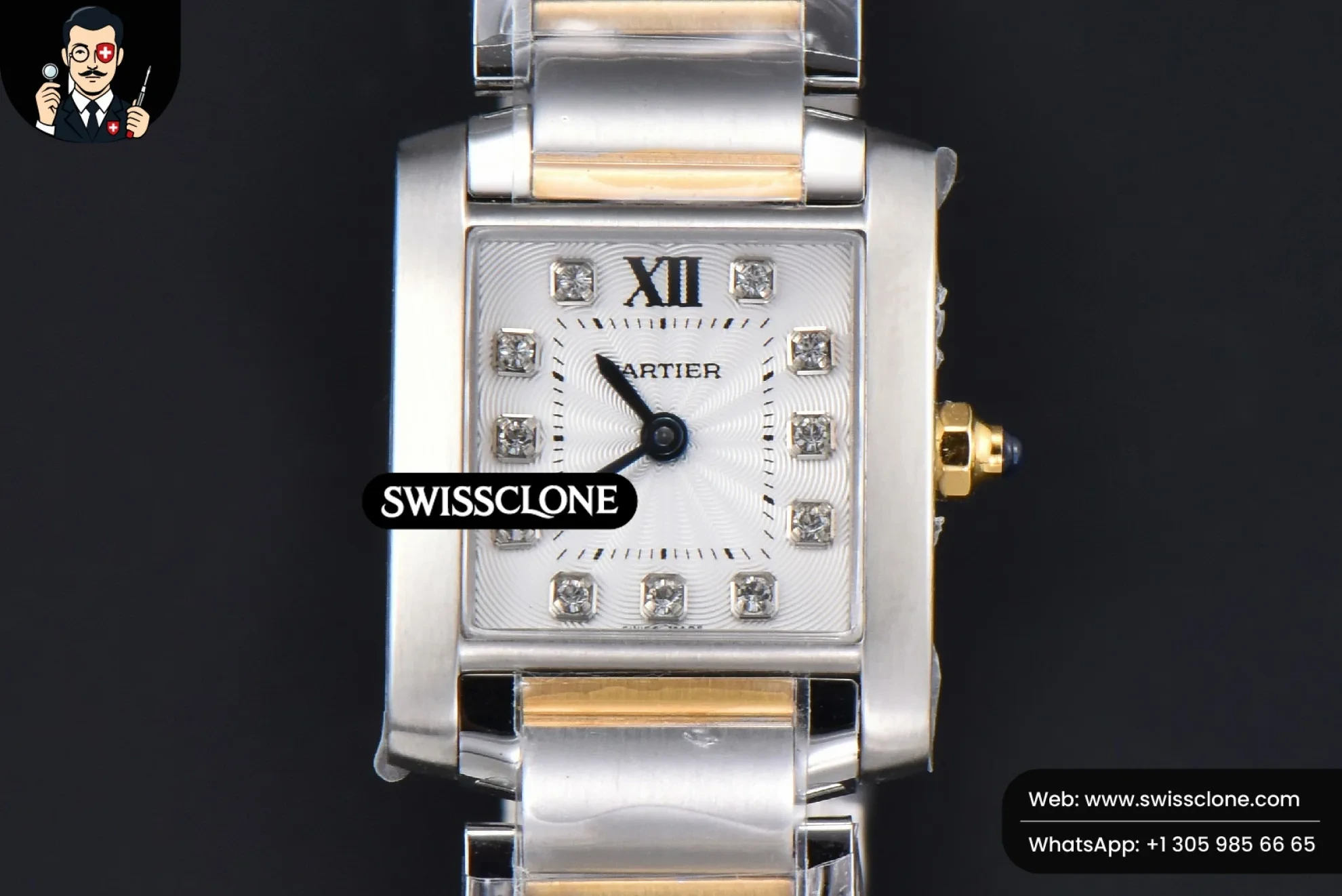 Cartier Tank Francaise Small 25.7mmx21.2mm 8848F Diamond Marker YG/SS Quartz 1:1 Super Clone - Dial Macro Close-Up