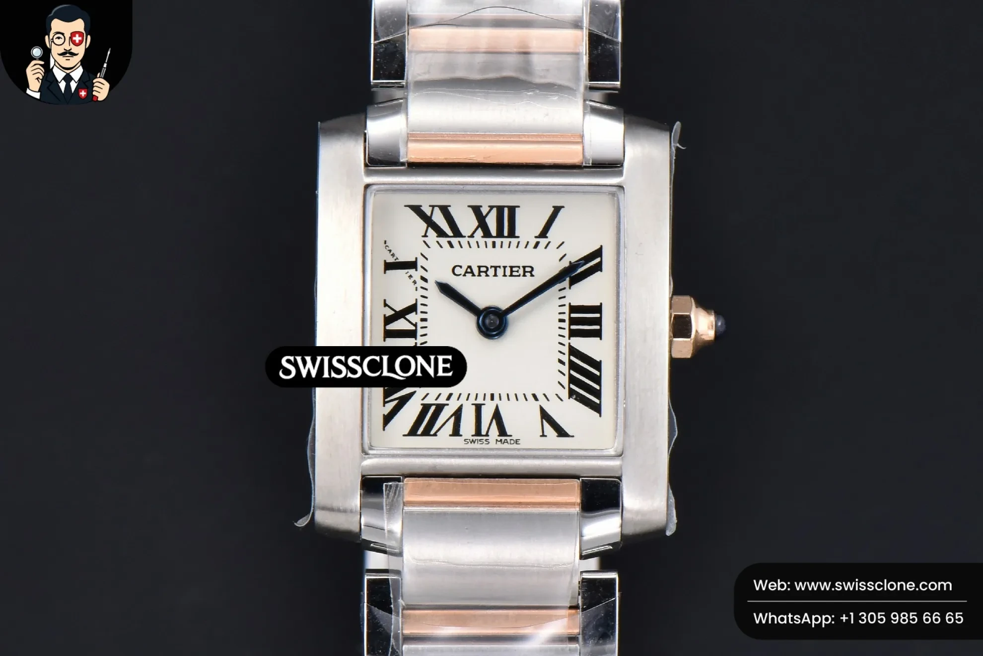 Cartier Tank Francaise Small 25.7mmx21.2mm 8848F RG/SS Quartz - 45-Degree Case Profile & Crown View | 1:1 Swiss Super Clone