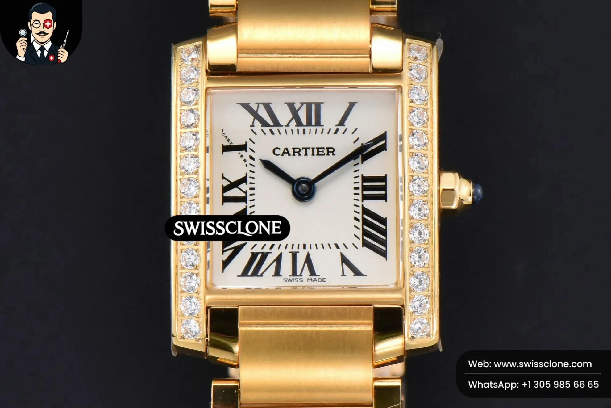 Cartier Tank Francaise Small Diamond 25.7mmx21.2mm 8848F Quartz - 45-Degree Case Profile & Crown View | 1:1 Swiss Super Clone