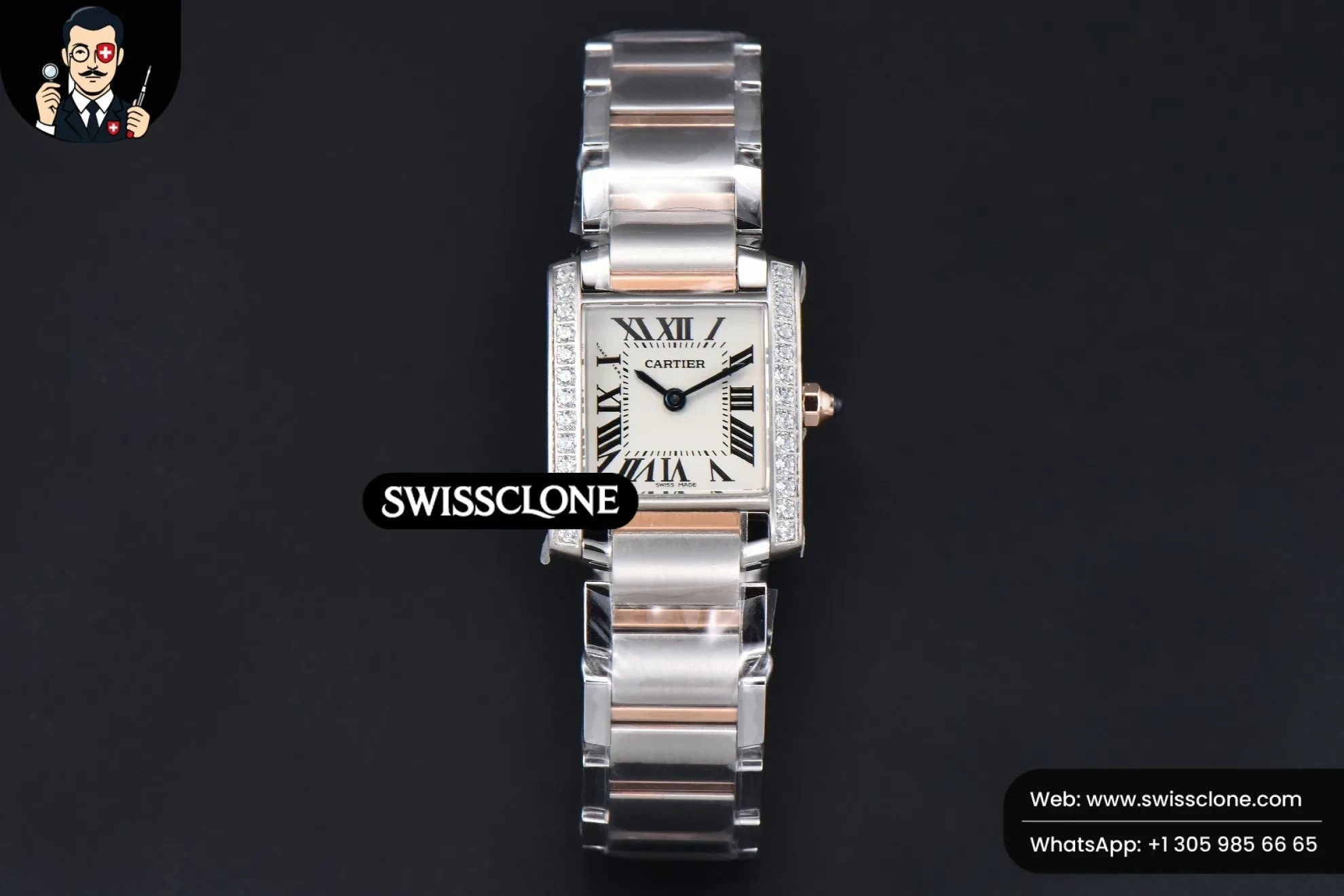 Cartier Tank Francaise Small Diamond 25.7mmx21.2mm 8848F RG/SS Quartz - 45-Degree Case Profile & Crown View | 1:1 Swiss Super Clone