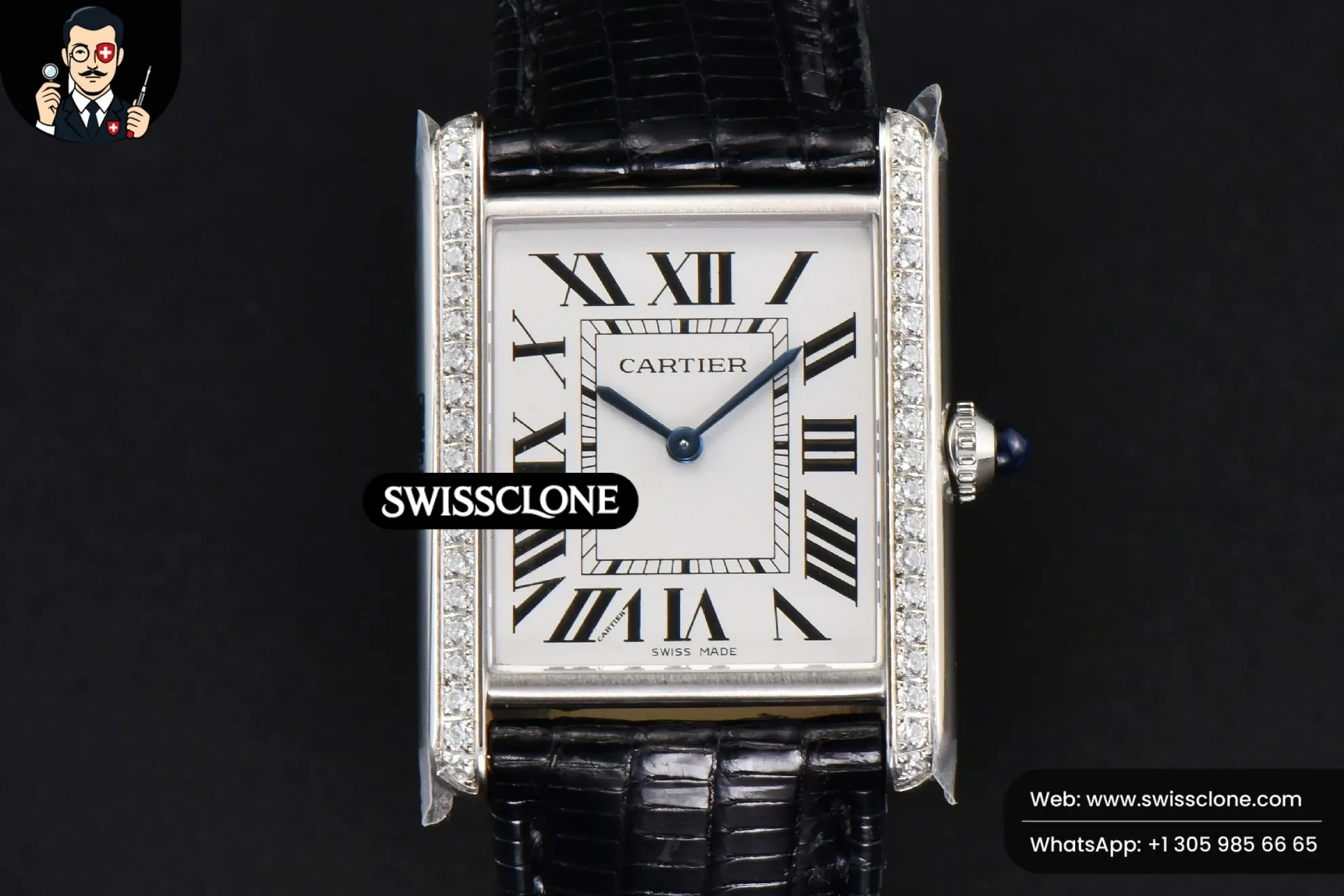 Cartier Tank Must Large 33.7?-25.5mm Diamond K11F White Dial Black Croc Quartz 1:1 Super Clone  - Dial Macro Close-Up