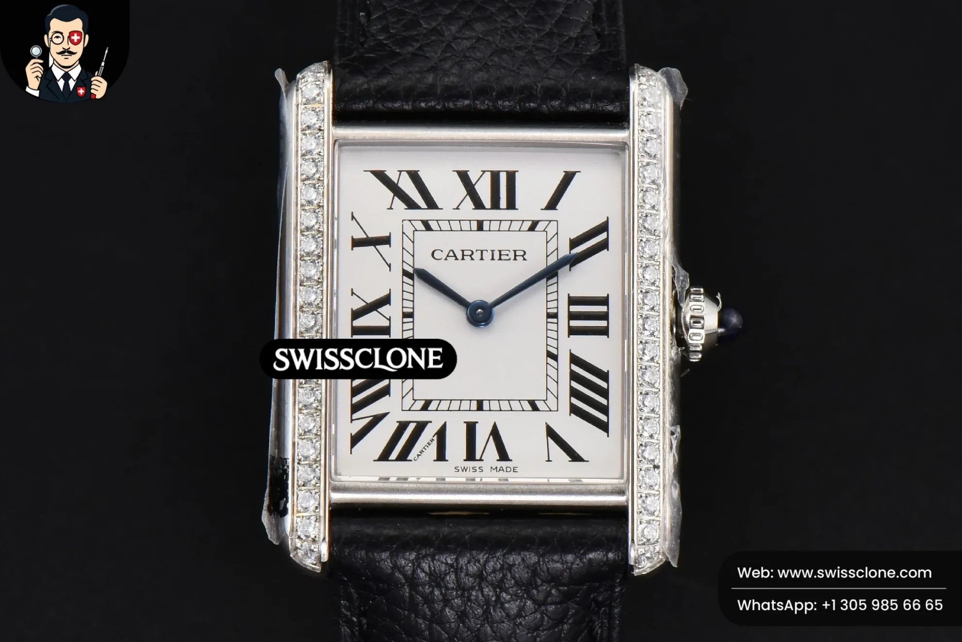 Cartier Tank Must Large 33.7?-25.5mm Diamond K11F White Dial Black Litchi Grained Quartz - 45-Degree Case Profile & Crown View | 1:1 Swiss Super Clone