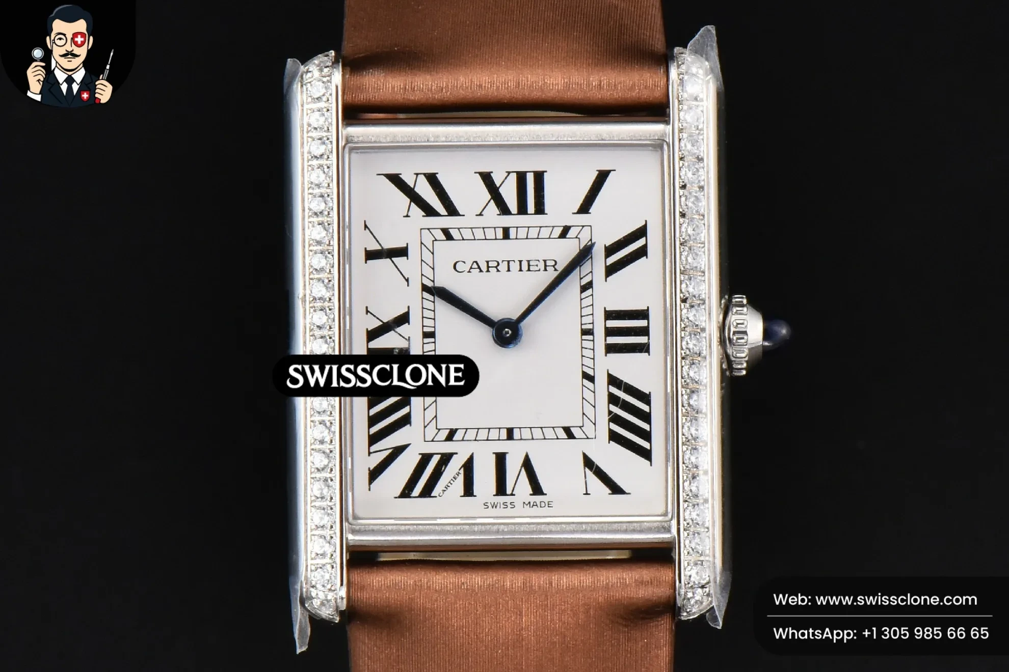 Cartier Tank Must Large 33.7?-25.5mm Diamond K11F White Dial Brown Smooth Calf Quartz - 45-Degree Case Profile & Crown View | 1:1 Swiss Super Clone
