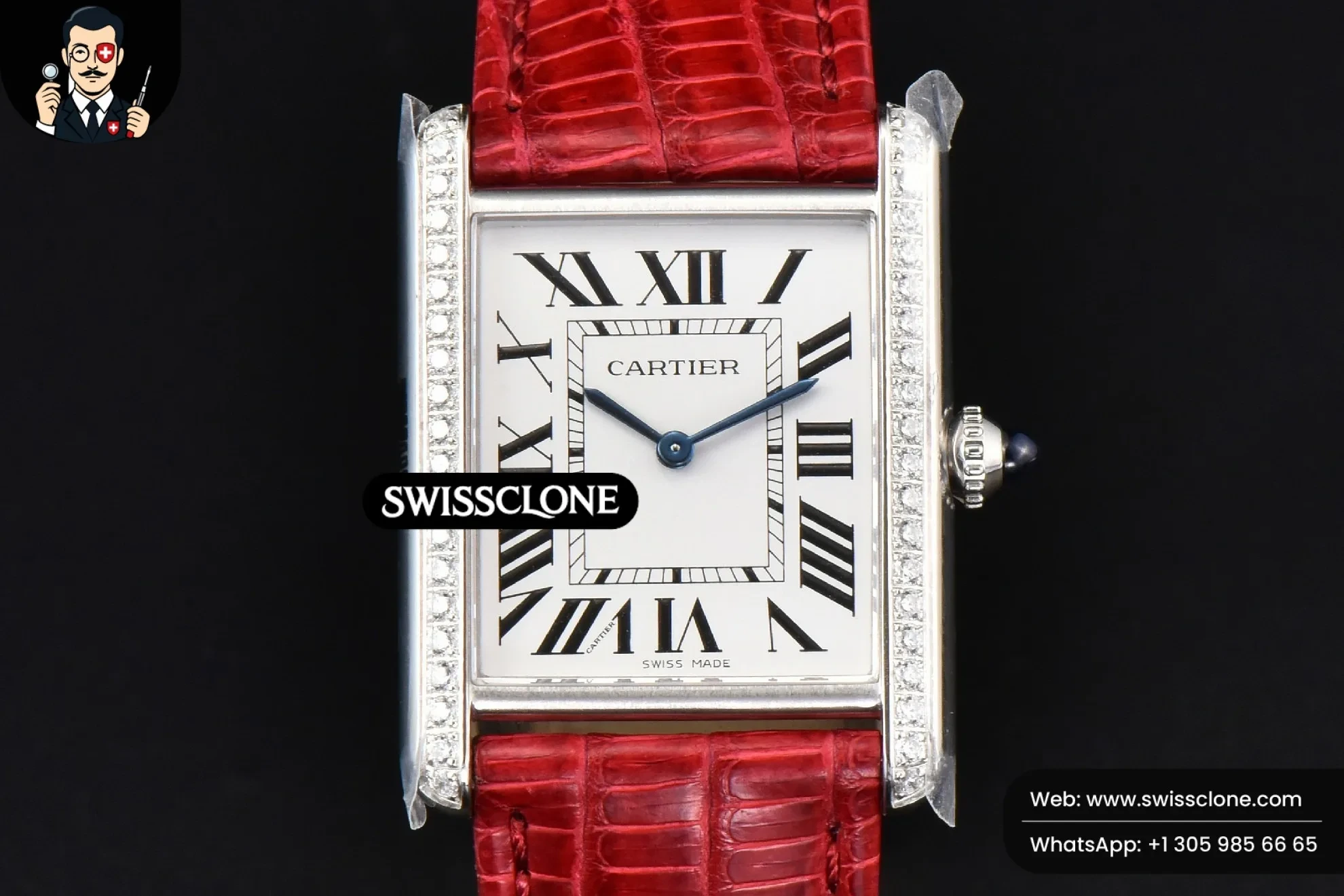 Cartier Tank Must Large 33.7?-25.5mm Diamond K11F White Dial Red Croc Quartz - 45-Degree Case Profile & Crown View | 1:1 Swiss Super Clone