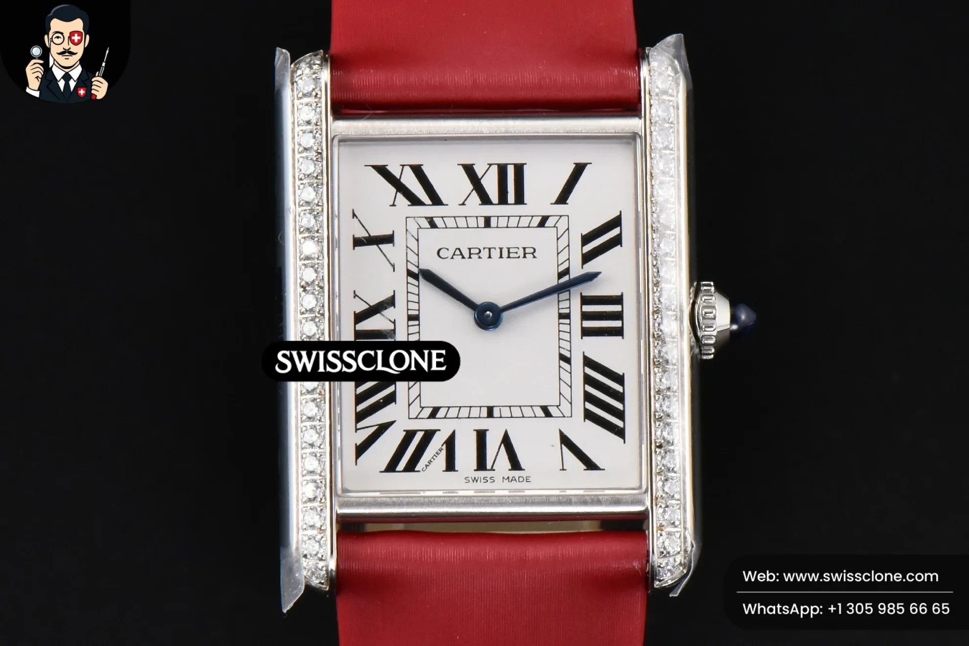 Cartier Tank Must Large 33.7?-25.5mm Diamond K11F White Dial Red Smooth Calf Quartz - 45-Degree Case Profile & Crown View | 1:1 Swiss Super Clone