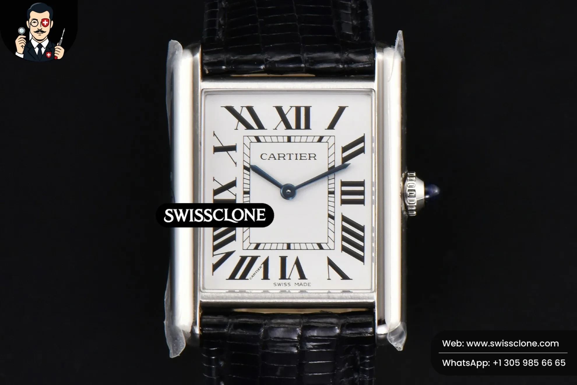 Cartier Tank Must Large 33.7?-25.5mm K11F White Dial Black Croc Texture Quartz - 45-Degree Case Profile & Crown View | 1:1 Swiss Super Clone