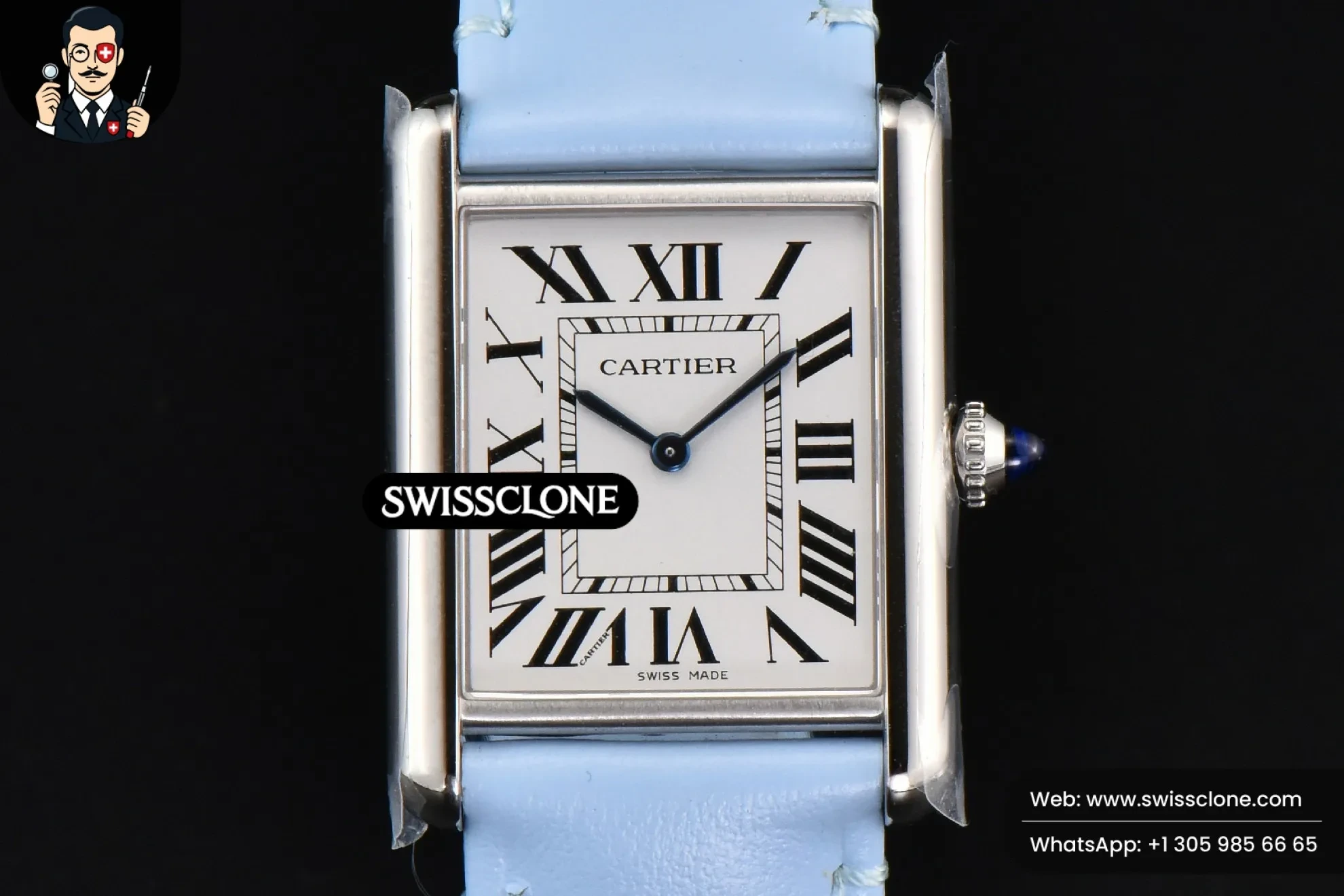 Cartier Tank Must Large 33.7?-25.5mm K11F White Dial Blue Smooth Calf Quartz - 45-Degree Case Profile & Crown View | 1:1 Swiss Super Clone