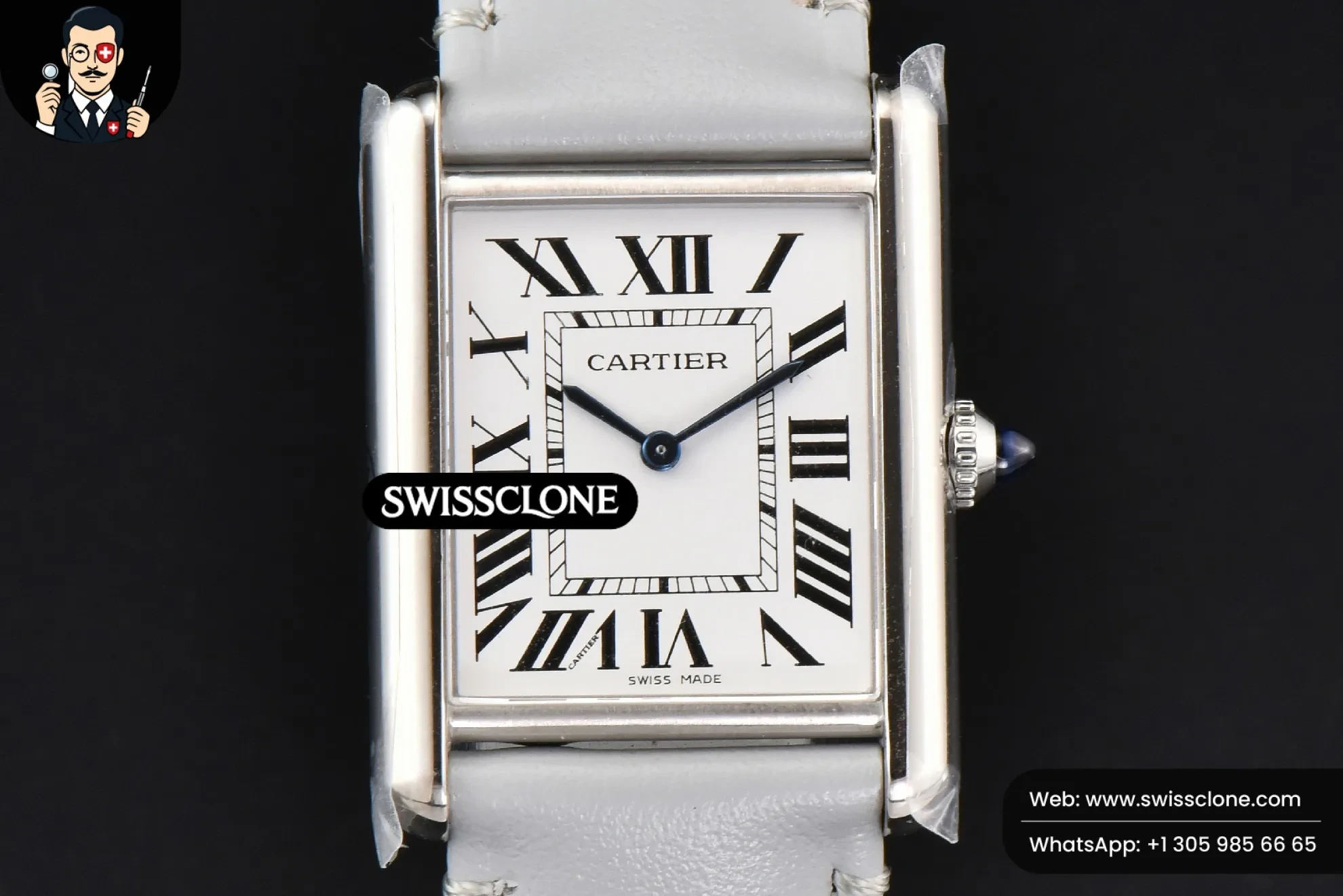Cartier Tank Must Large 33.7?-25.5mm K11F White Dial Gray Smooth Calf Quartz - 45-Degree Case Profile & Crown View | 1:1 Swiss Super Clone