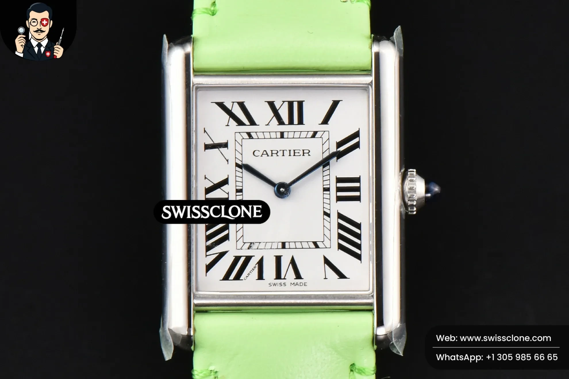 Cartier Tank Must Large 33.7?-25.5mm K11F White Dial Green Smooth Calf Quartz - 45-Degree Case Profile & Crown View | 1:1 Swiss Super Clone