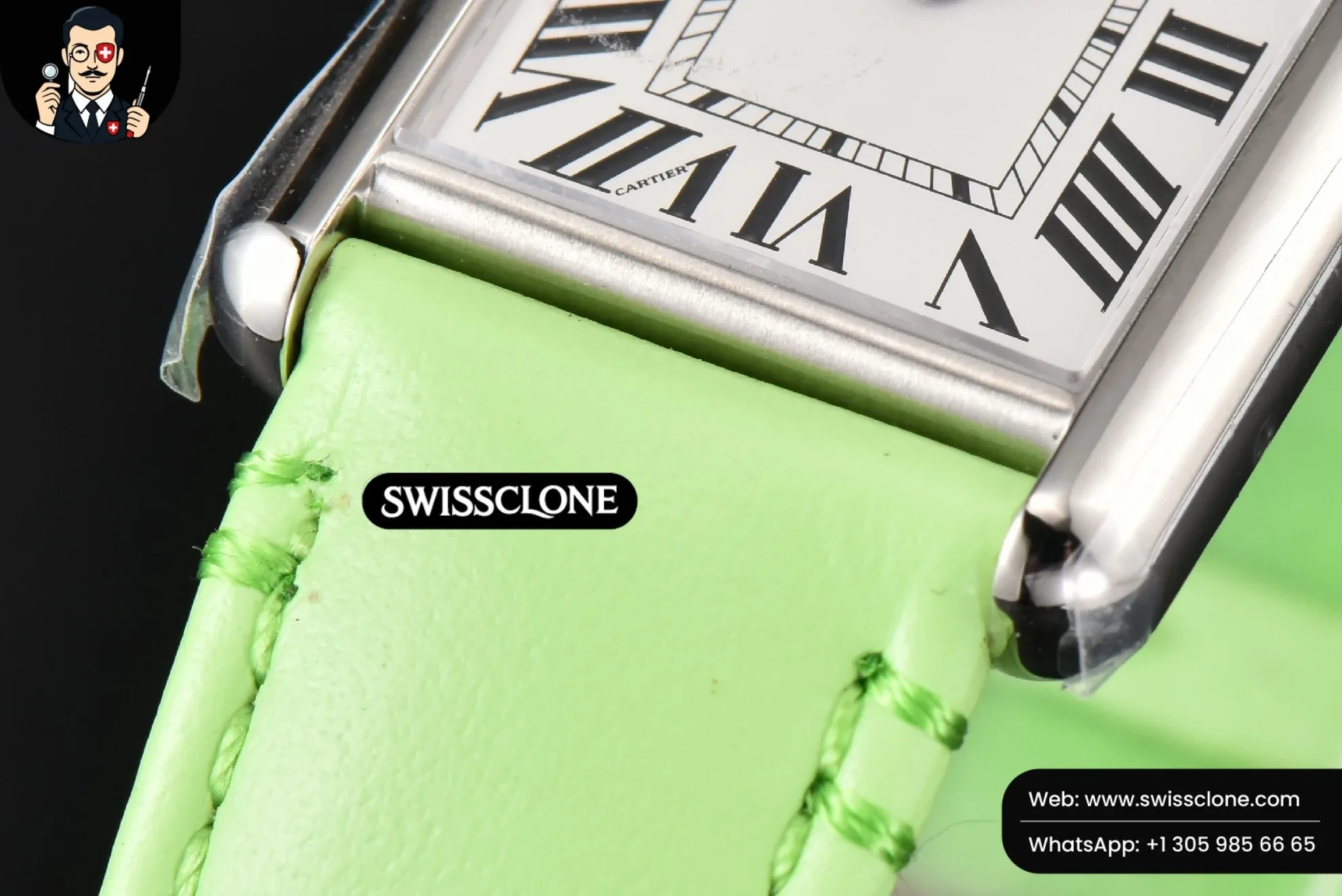 Cartier Tank Must Large 33.7?-25.5mm K11F White Dial Green Smooth Calf Quartz - Clasp, Bracelet & Buckle Detail | 1:1 Swiss Super Clone